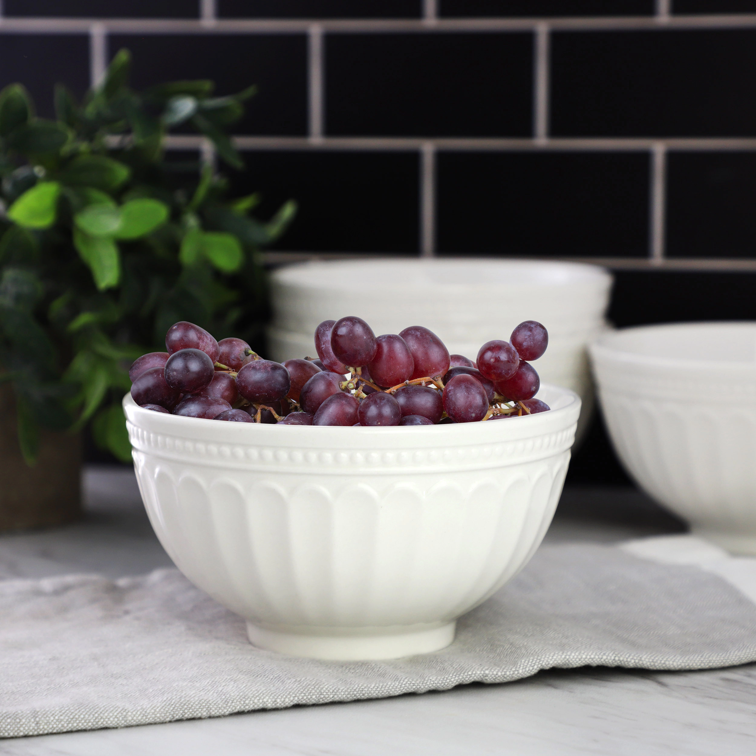 Elama Hansel 6 Piece Embossed Arch Stoneware Cereal Bowl Set in White