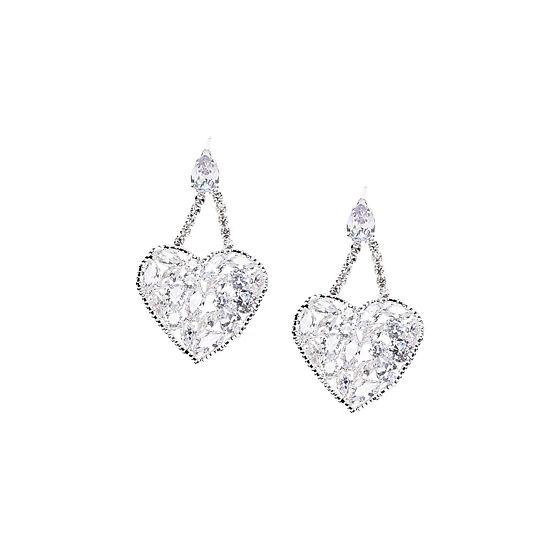 Women's Silver-Plated Heart Drop Earrings with Artificial Stone Accents