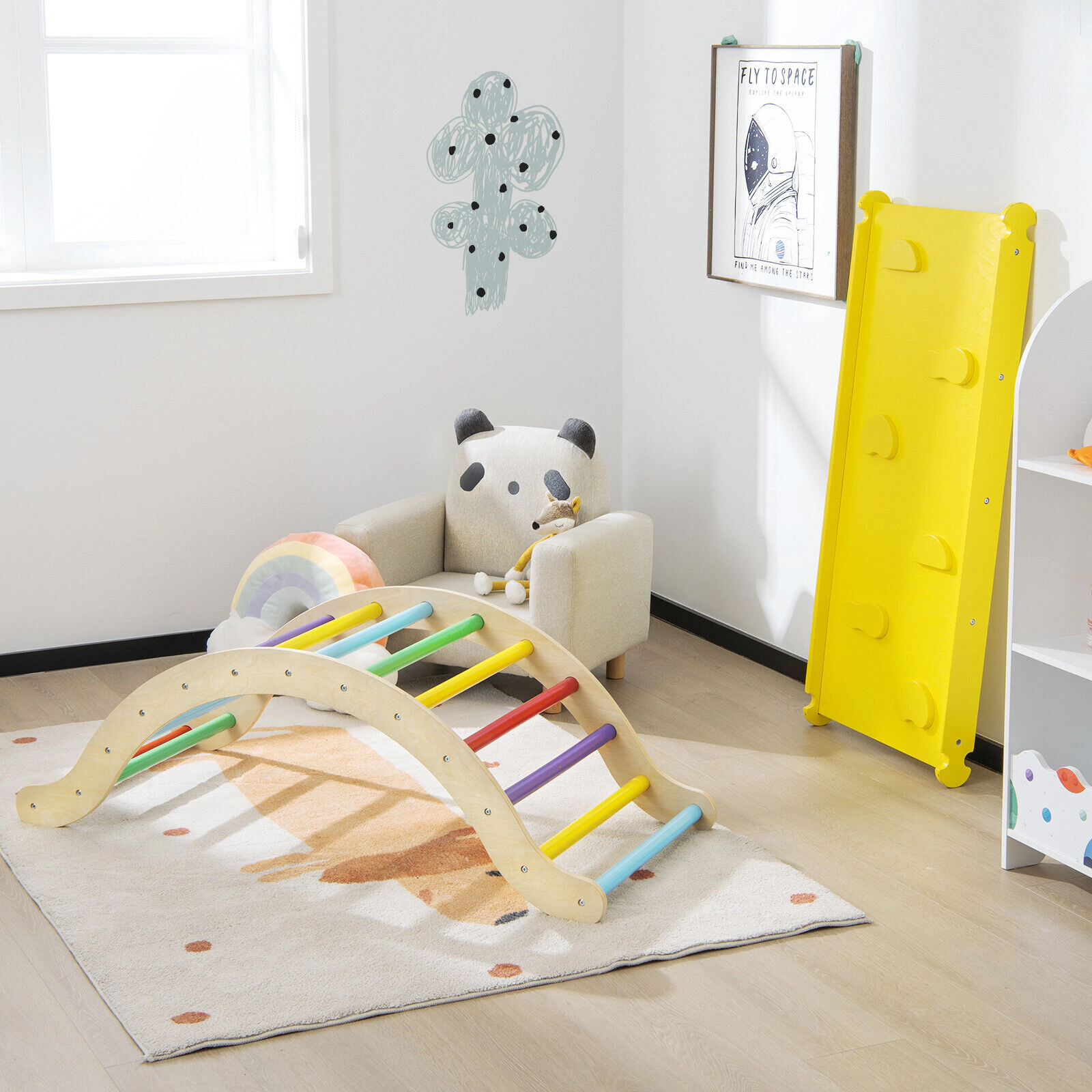 SUGIFT 3-in-1 Wooden Arch Triangle Climber Rocker with 132-lb Capacity Ramp and Mat Ages 1-8 Yellow/Natural