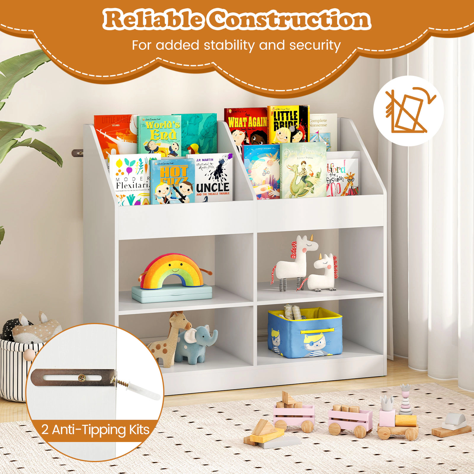 SUGIFT 3-Tier 31.5-in Kids Bookshelf and Toy Storage Organizer with Top Display Rack and 4 Open Compartments