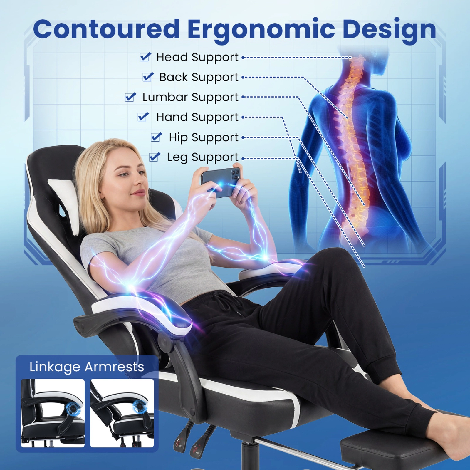 SUGIFT Ergonomic Gaming Computer Chair with Headrest and Lumbar Support 330-Lb Capacity 24.5-in Wide Seat Black