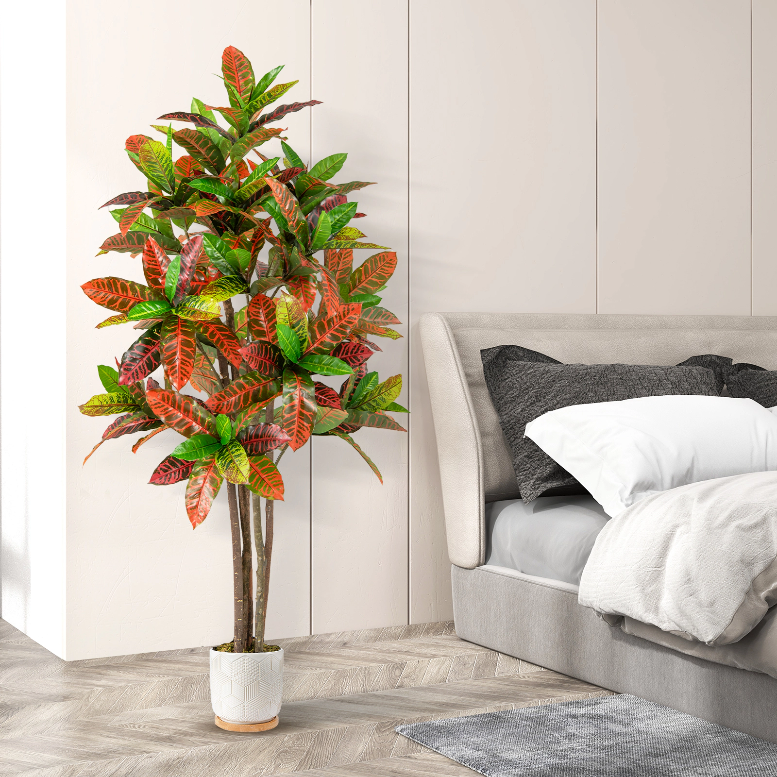 Slickblue 2 Pieces 5 FT Potted Artificial Croton Trees with Decorative Moss for Living Room and Office Decor