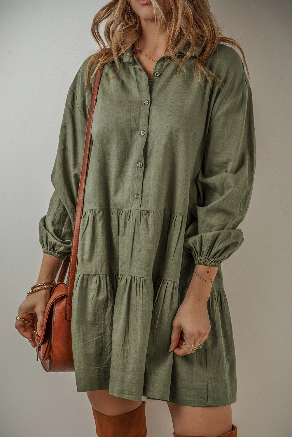 Threaded Pear Women's Ariana Puff Sleeve Buttoned Tiered Dress