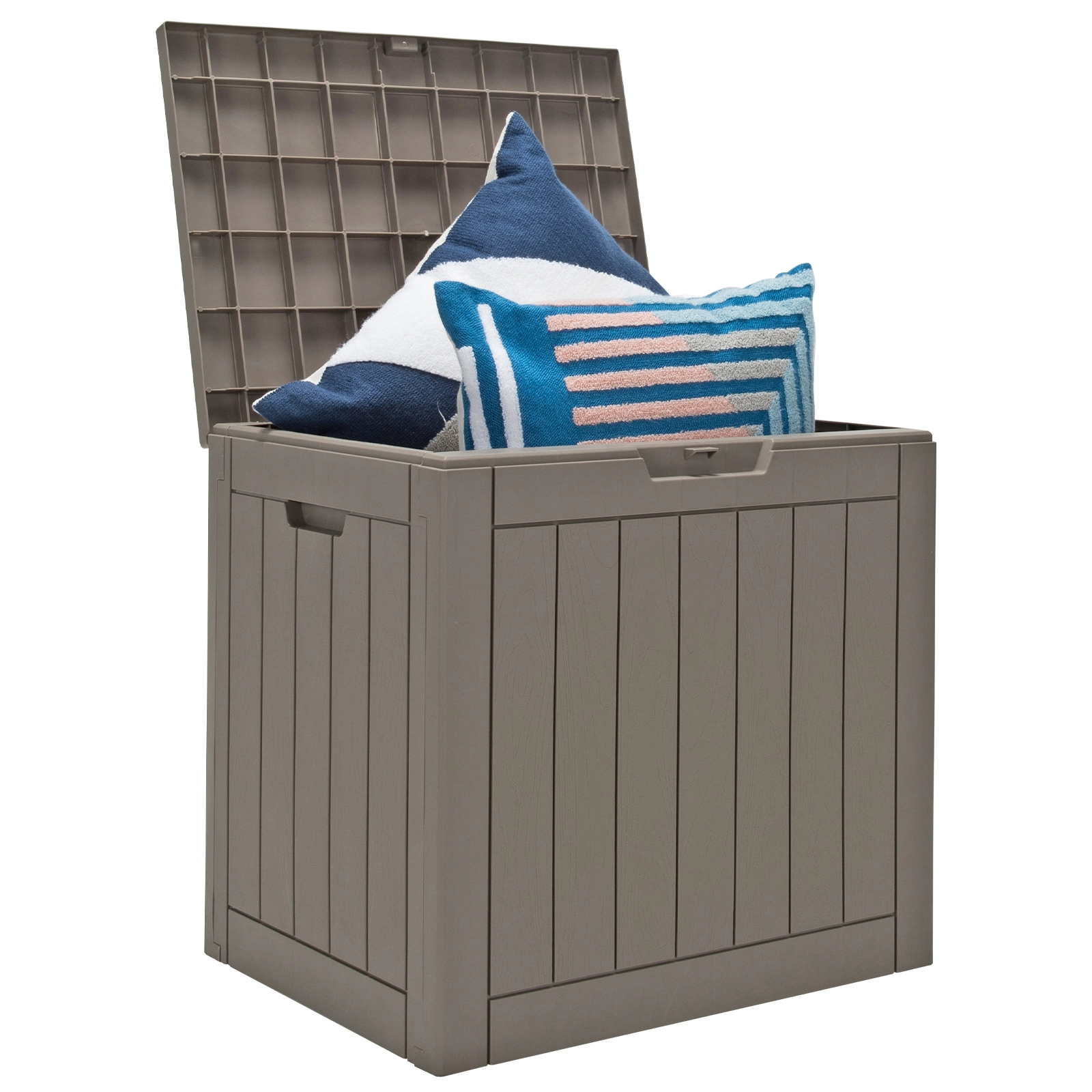 SUGIFT 30-Gallon Weatherproof PP Wood Grain Lift-Top Outdoor Deck Storage Box 22-in x 17-in x 21-in 154-lb Light Brown