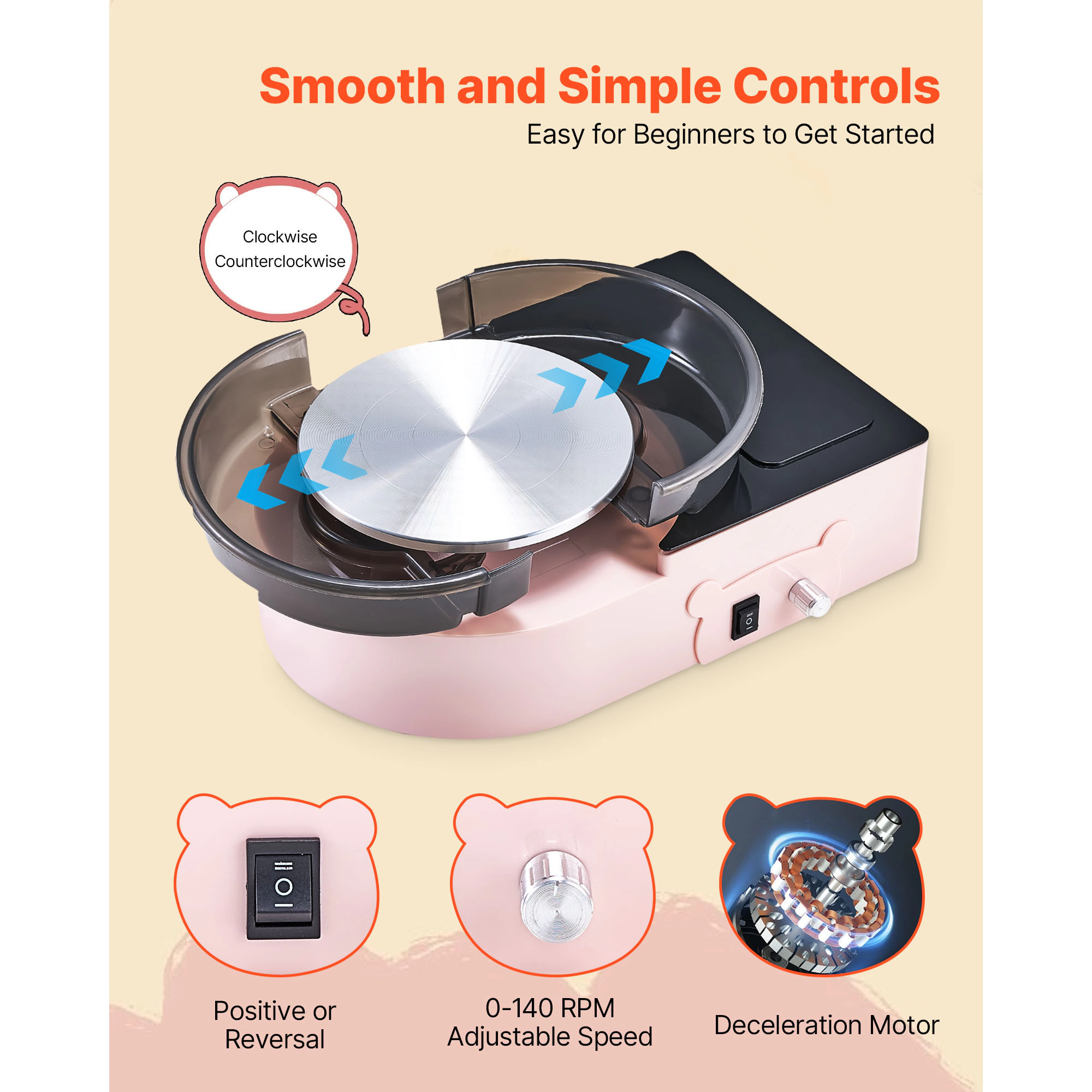 HONGGE Mini Pottery Wheel 6 inch Turntable Forward and Reverse Rotation Adjustable Speed Electric Clay for Kids