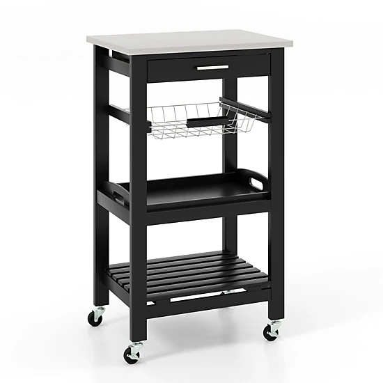 SUGIFT Black Kitchen Island Cart with Stainless Steel Top Wire Basket and Removable Tray 18.5-in W 14.5-in D