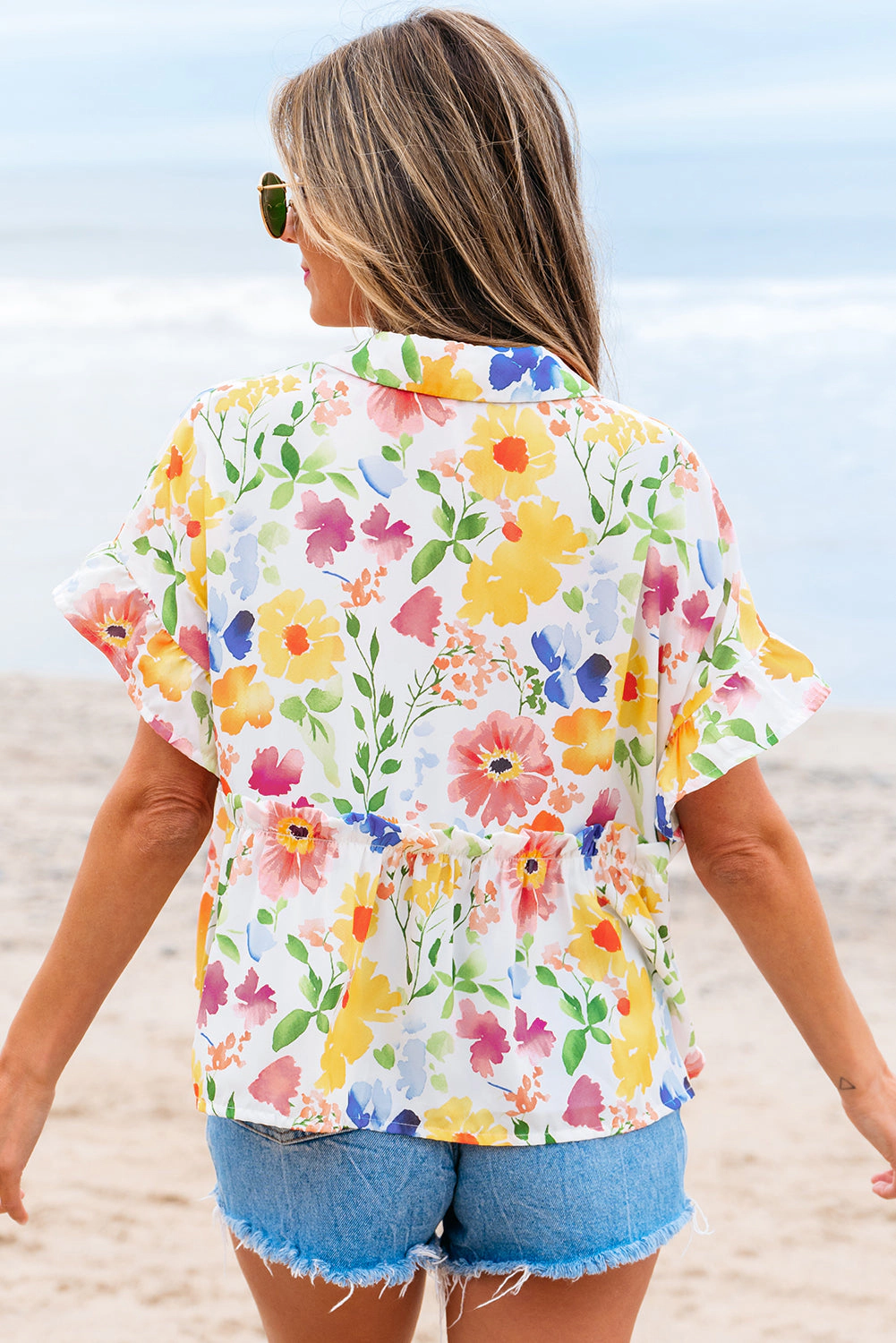 Threaded Pear Women's Liberty Floral Boxy Fit Ruffled Short Sleeve V Neck Blouse