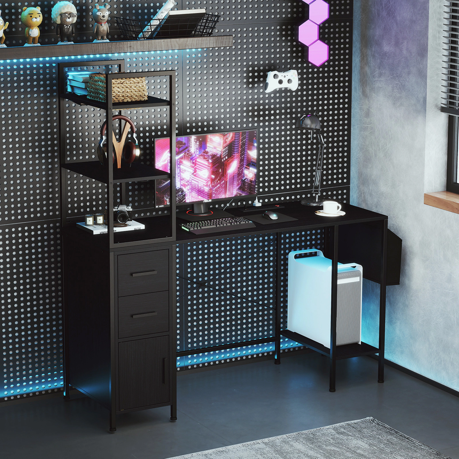 LJG Office Desk with LED Lights and Power Outlets Computer Desk with Open Shelves
