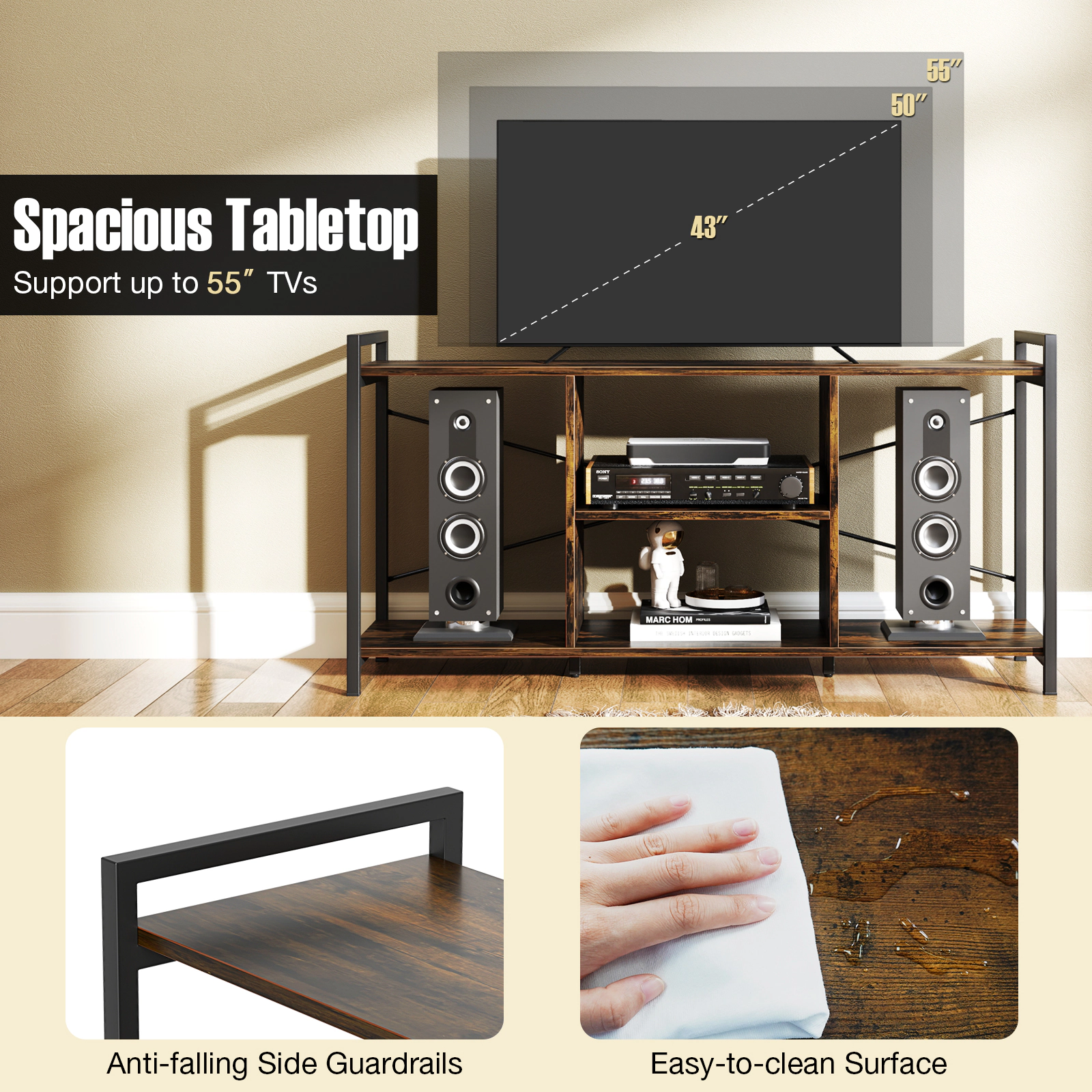 SUGIFT 3-Tier Industrial TV Stand for 55-In TVs with Open Shelves 200-Lb Capacity 47-in Wide Rustic Brown & Black