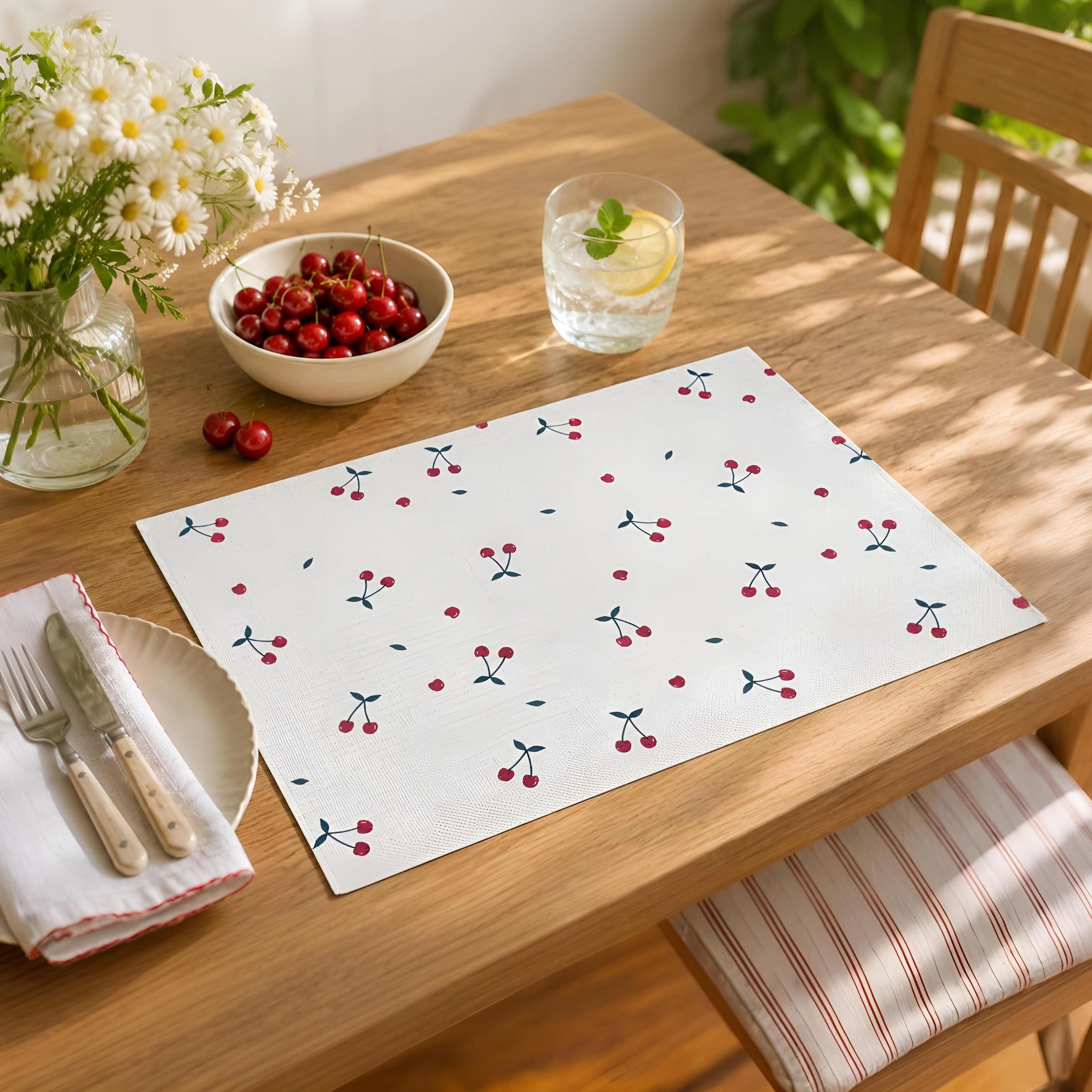 Dainty Home Cherries Woven Vinyl Reversible Rectangular 13" x 19" Placemat Set of 6