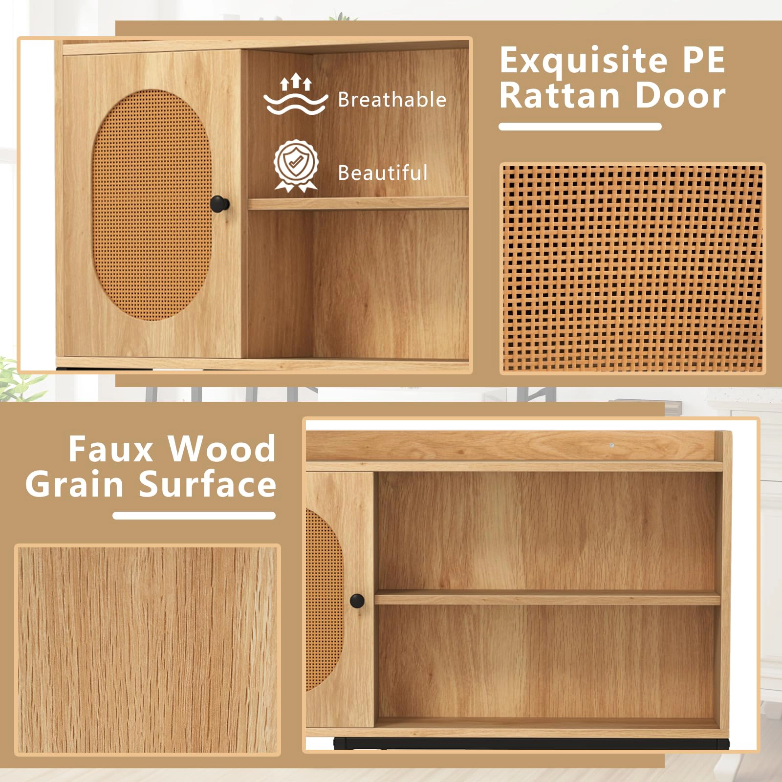 Glintex Over-the-Toilet Cabinet with PE Rattan Door and Anti-Falling Baffles, Natural