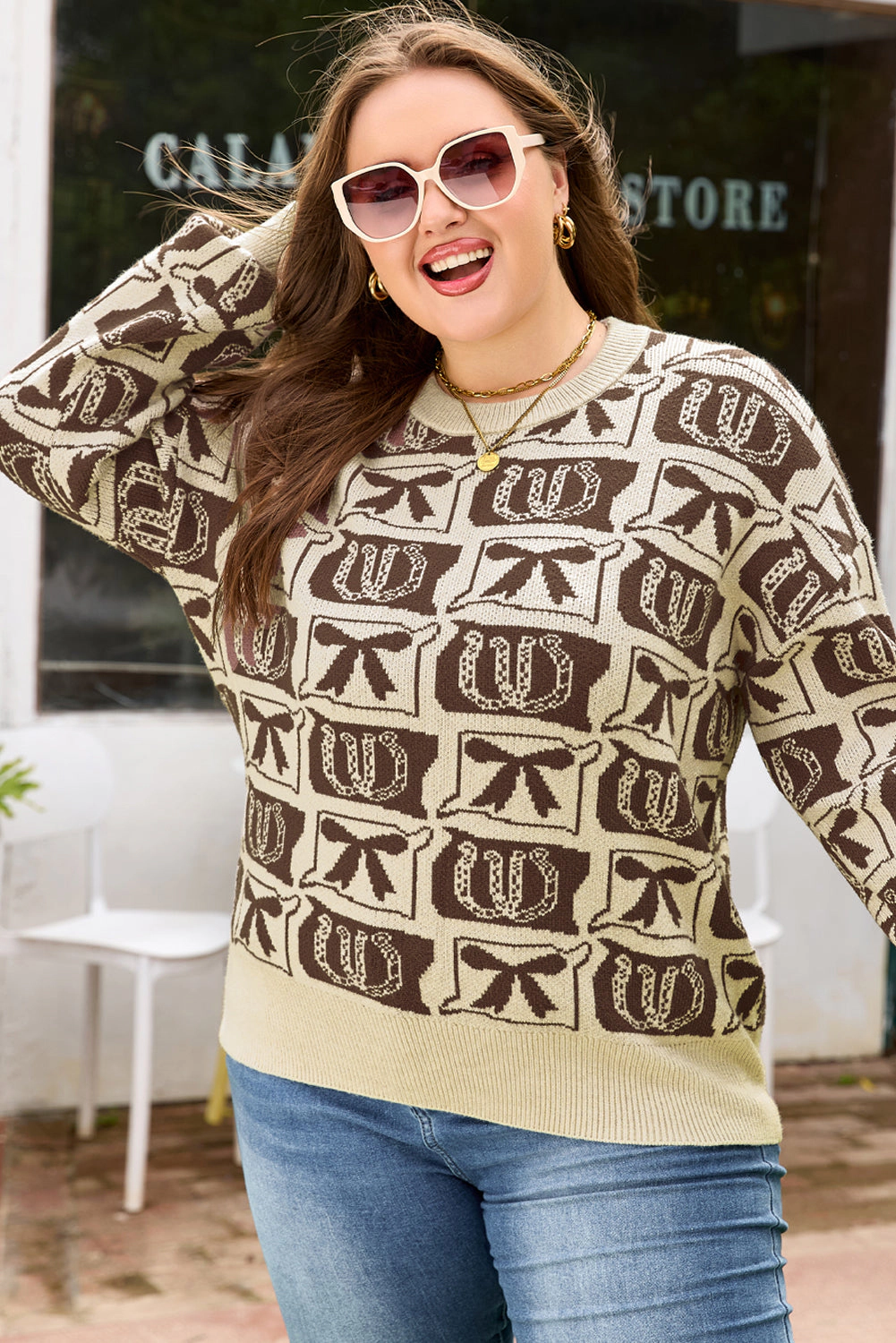 Threaded Pear Women's Magnolia Horseshoe Print Checkered PLUS Sweater