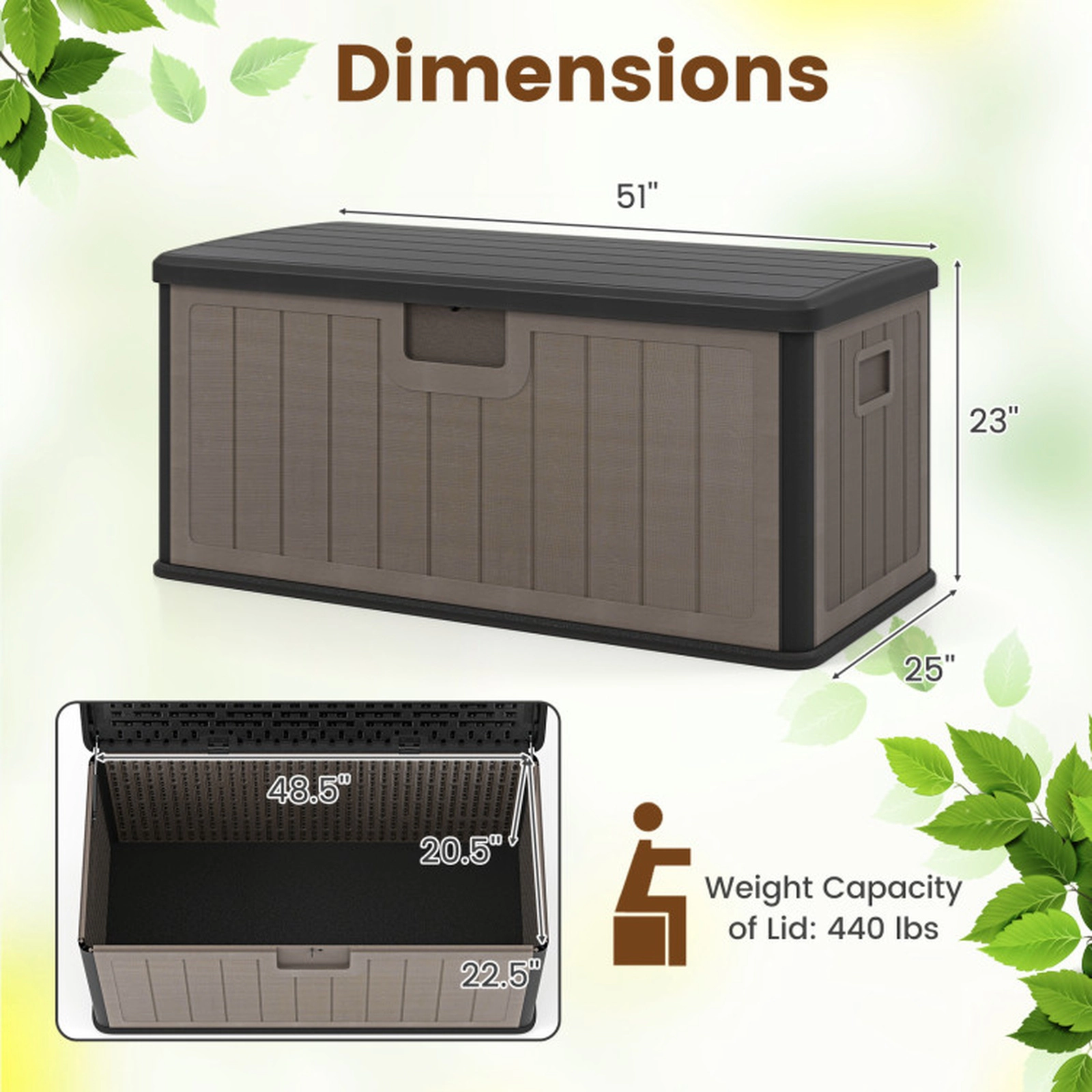 SUGIFT 100 Gallon HDPE Deck Storage Box with Lockable Lid 440-lb Bench Capacity 51-in Wide Patio Bench Black and Brown