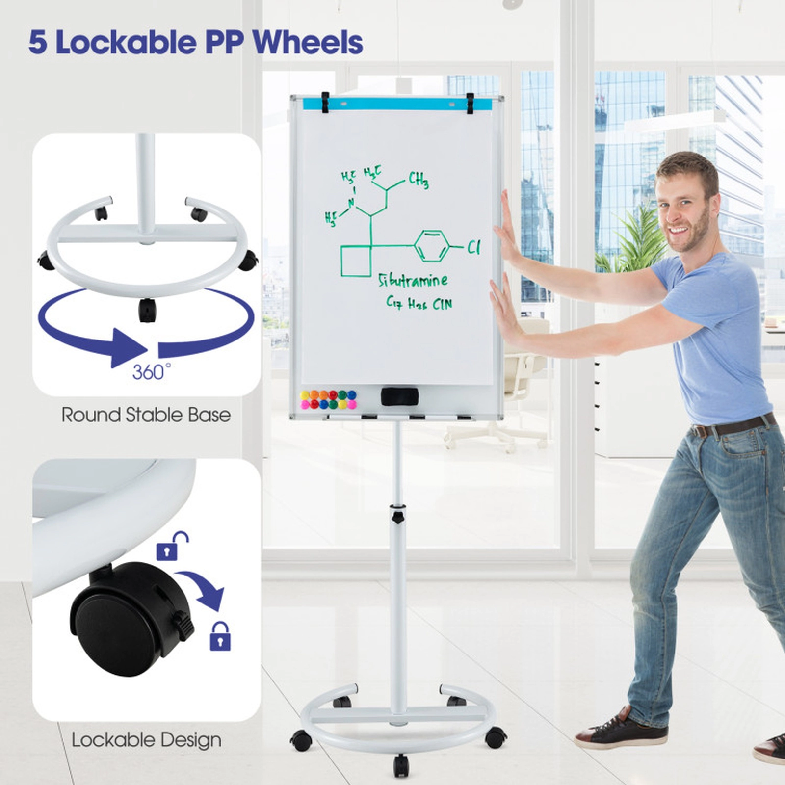 SUGIFT 40-in x 26-in Height Adjustable Mobile Magnetic Whiteboard with Round Base Stand and Paper Clips