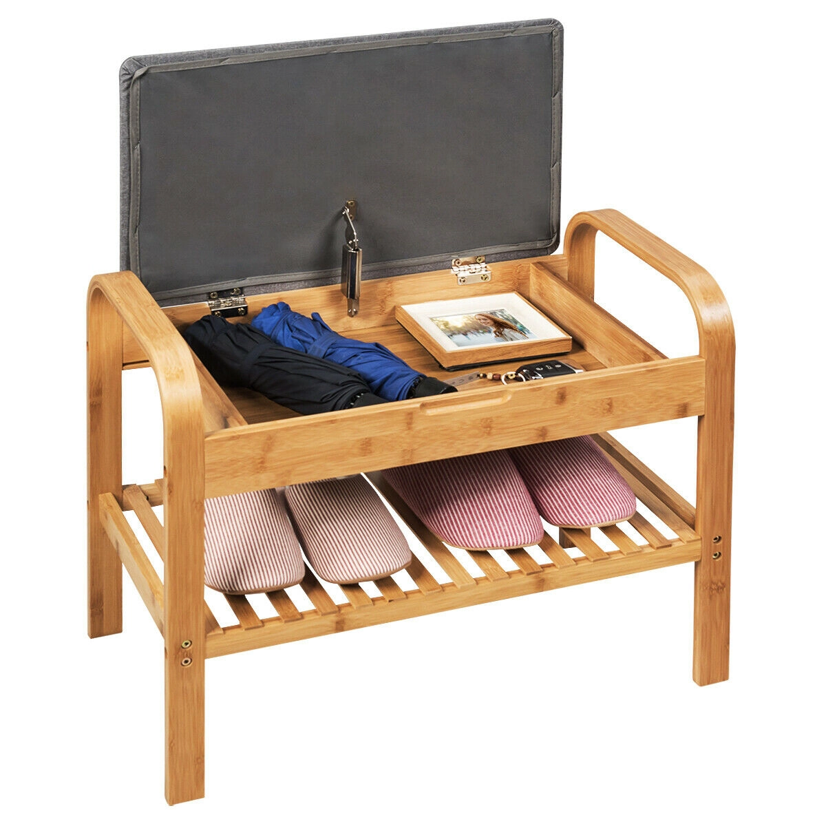SUGIFT Bamboo Shoe Rack Storage Bench with Cushioned Seat 24-in Wide 330-lb Capacity with Storage Shelf Natural