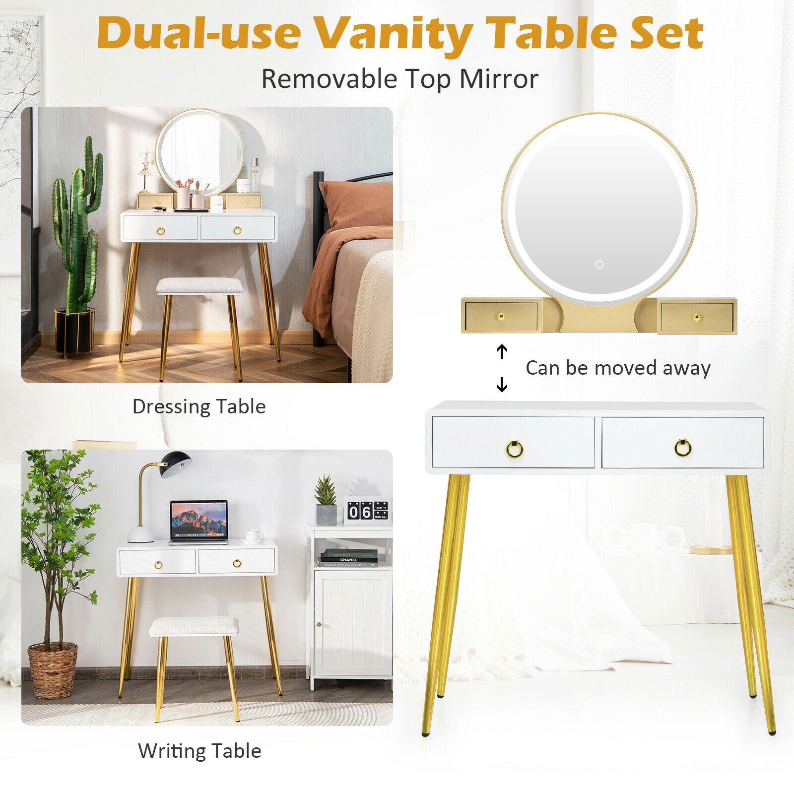 SUGIFT 2-Piece 52.5-Inch Makeup Vanity Set with Lighted Mirror, 4 Drawers and Cushioned Stool