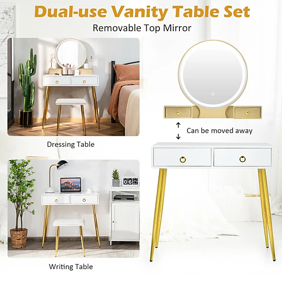 SUGIFT 2-Piece 52.5-Inch Makeup Vanity Set with Lighted Mirror, 4 Drawers and Cushioned Stool