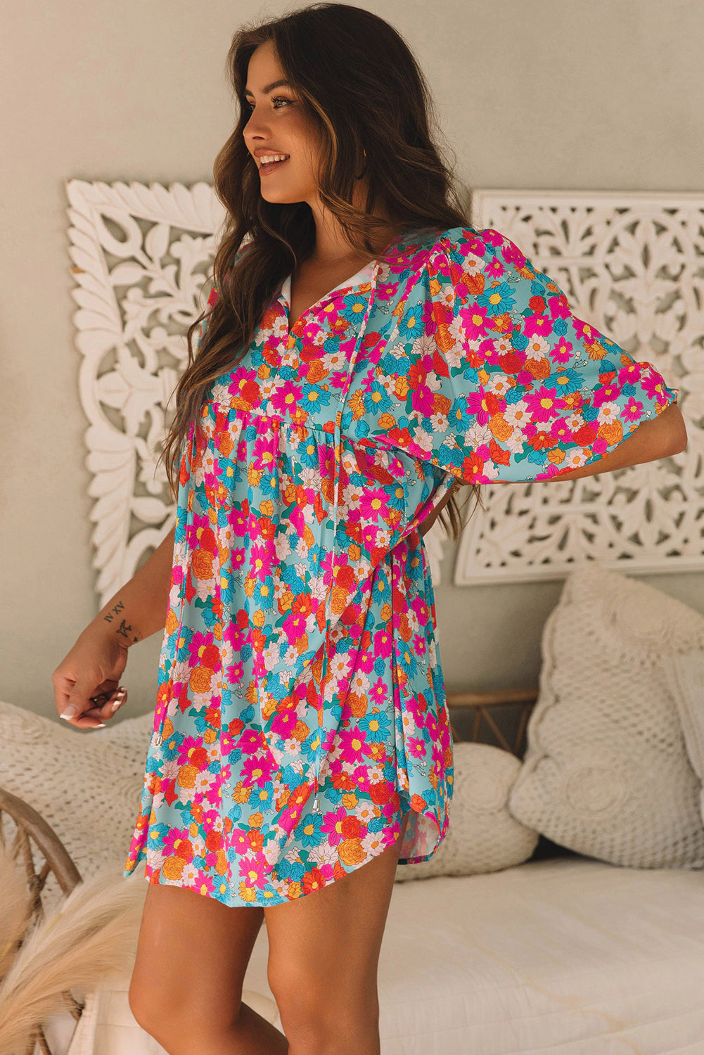 Threaded Pear Women's Lena Floral Bubble Sleeve Babydoll Dress