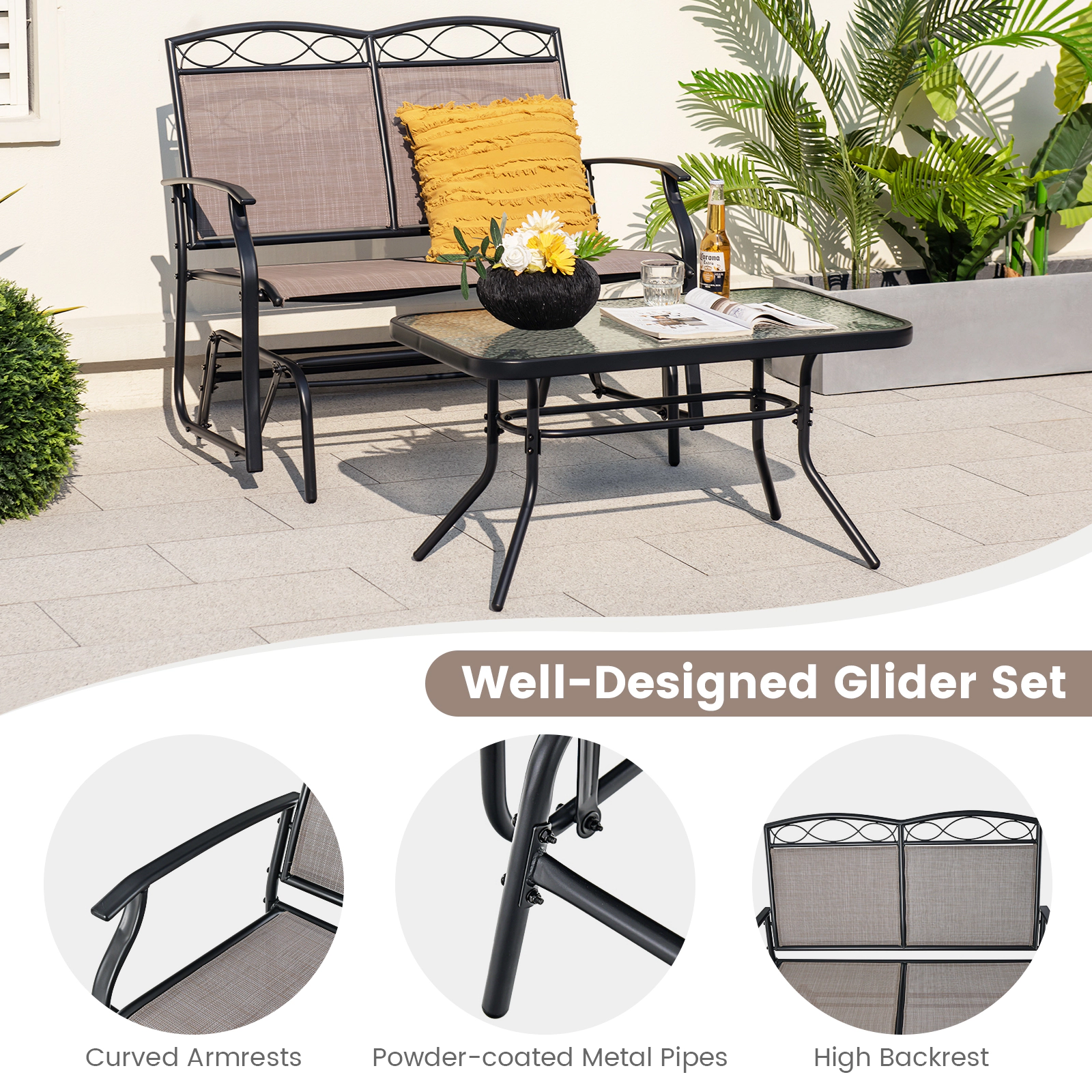 SUGIFT Outdoor Gliding Loveseat Conversation Set with Tempered Glass Coffee Table 800-lb Loveseat Capacity Brown + Black