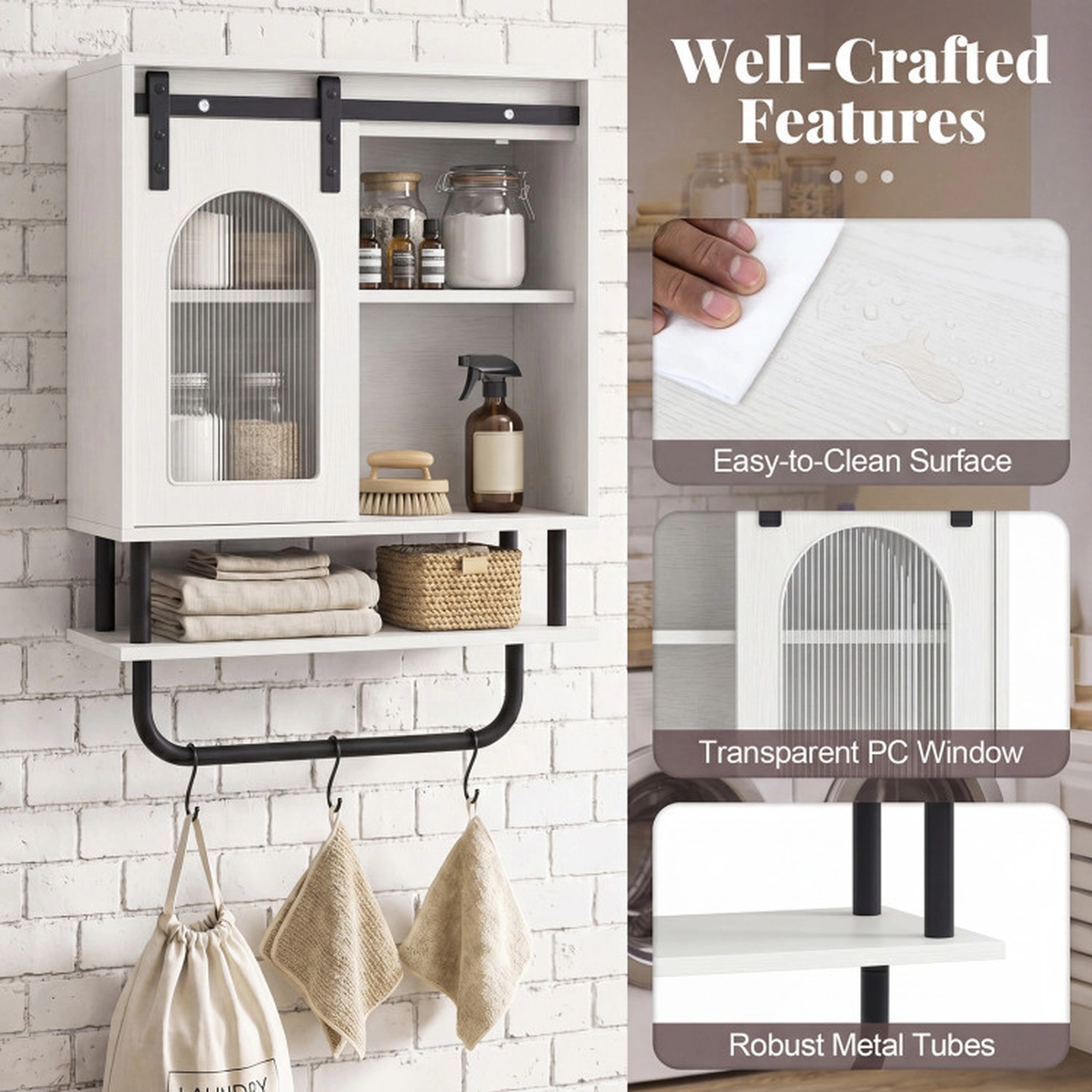 SUGIFT Sliding Barn Door Hanging Bar 3 Hooks Wall Bathroom Storage Cabinet 20-in x 8-in x 27.5-in 66-lb Capacity White