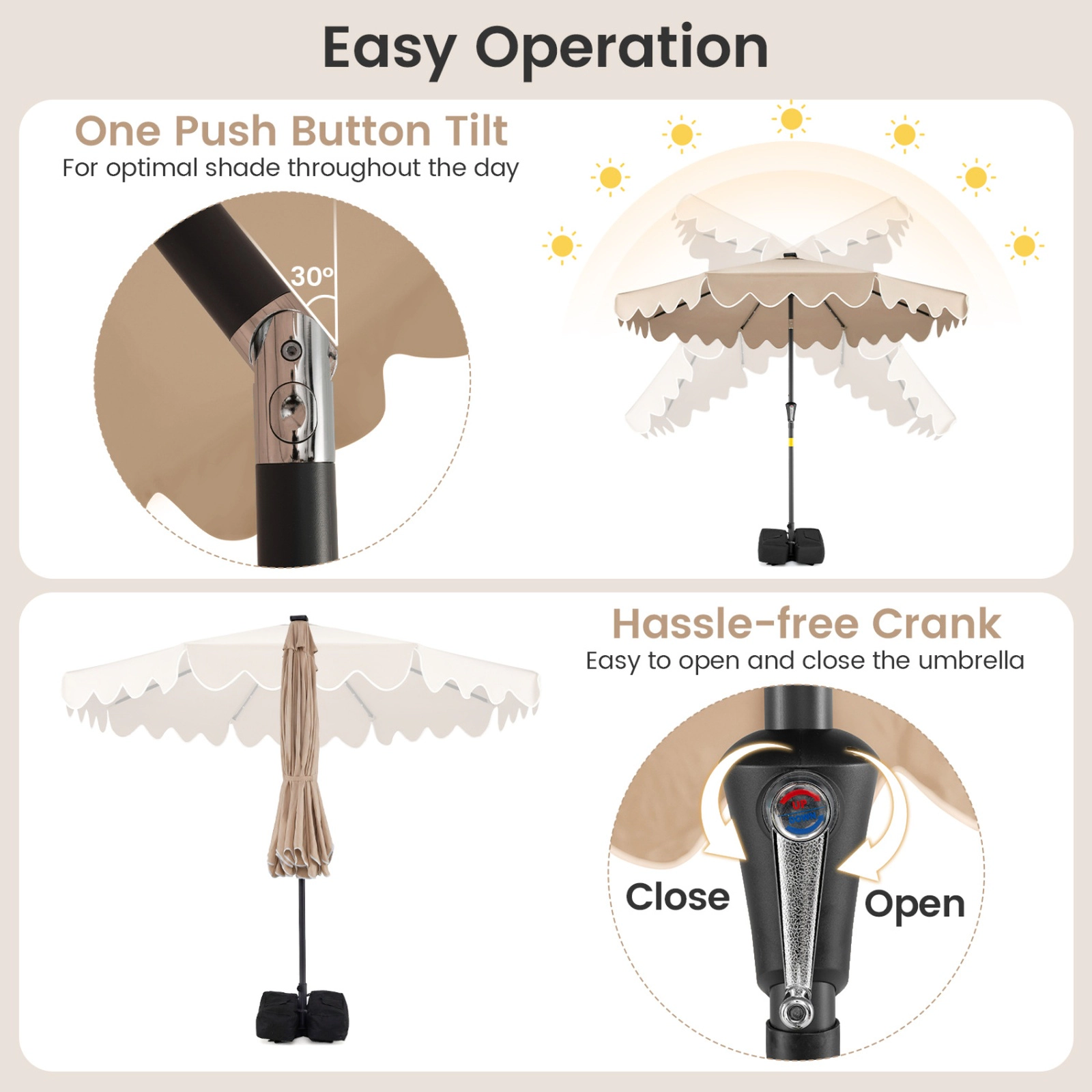 SUGIFT 9-ft Solar LED Lighted Outdoor Patio Umbrella with Crank Tilt, 9 x 8 in Canopy and Weighted Base Brown