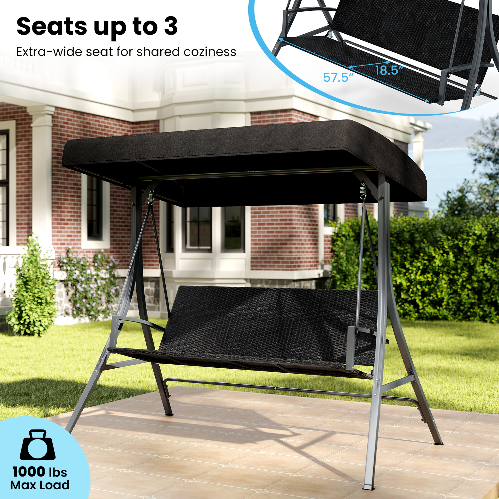 SUGIFT 3-Person Outdoor Porch Swing with Stand and Adjustable Canopy 1000-lb Capacity Rattan Seat Back Black