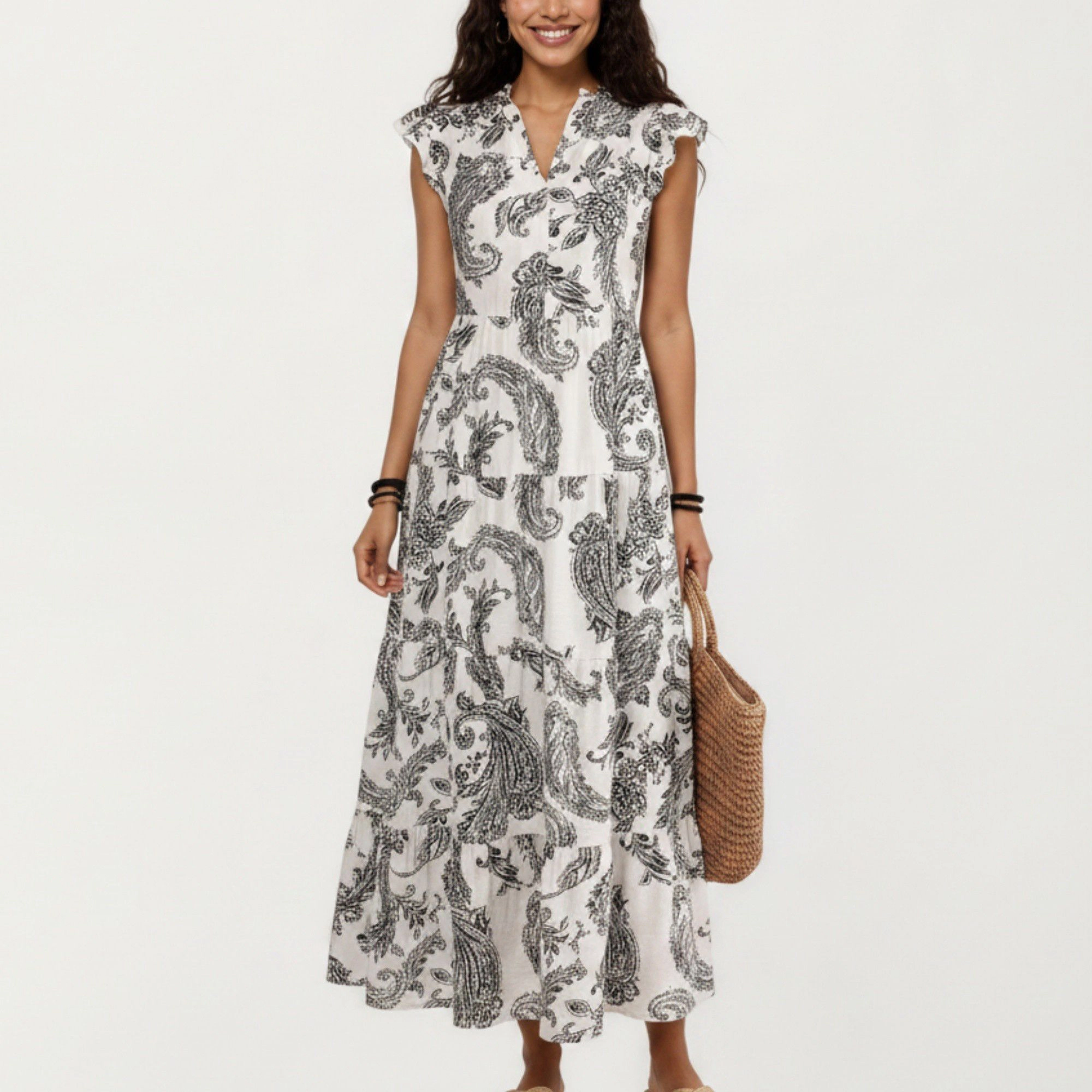 Anna-Kaci Women's Paisley Print Flutter Sleeve Tiered Maxi Dress