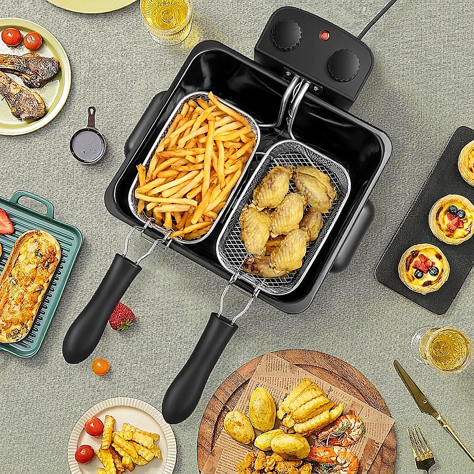 SUGIFT Silver Stainless Steel Electric Deep Fryer with 3 Baskets 1700W 5.3-Qt Oil Tank 21-Cup Food 20-in W 14-in D