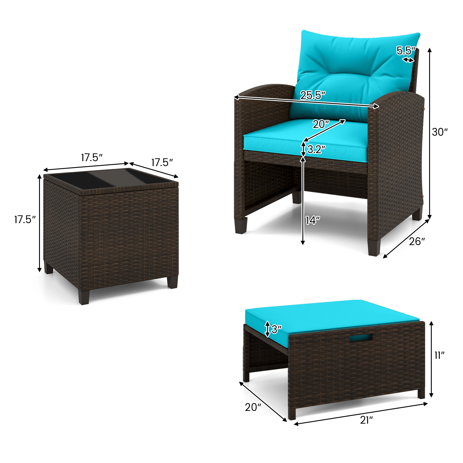 SUGIFT 5-Piece Turquoise Rattan Patio Conversation Set with 2 Chairs, 2 Ottomans and Glass Table