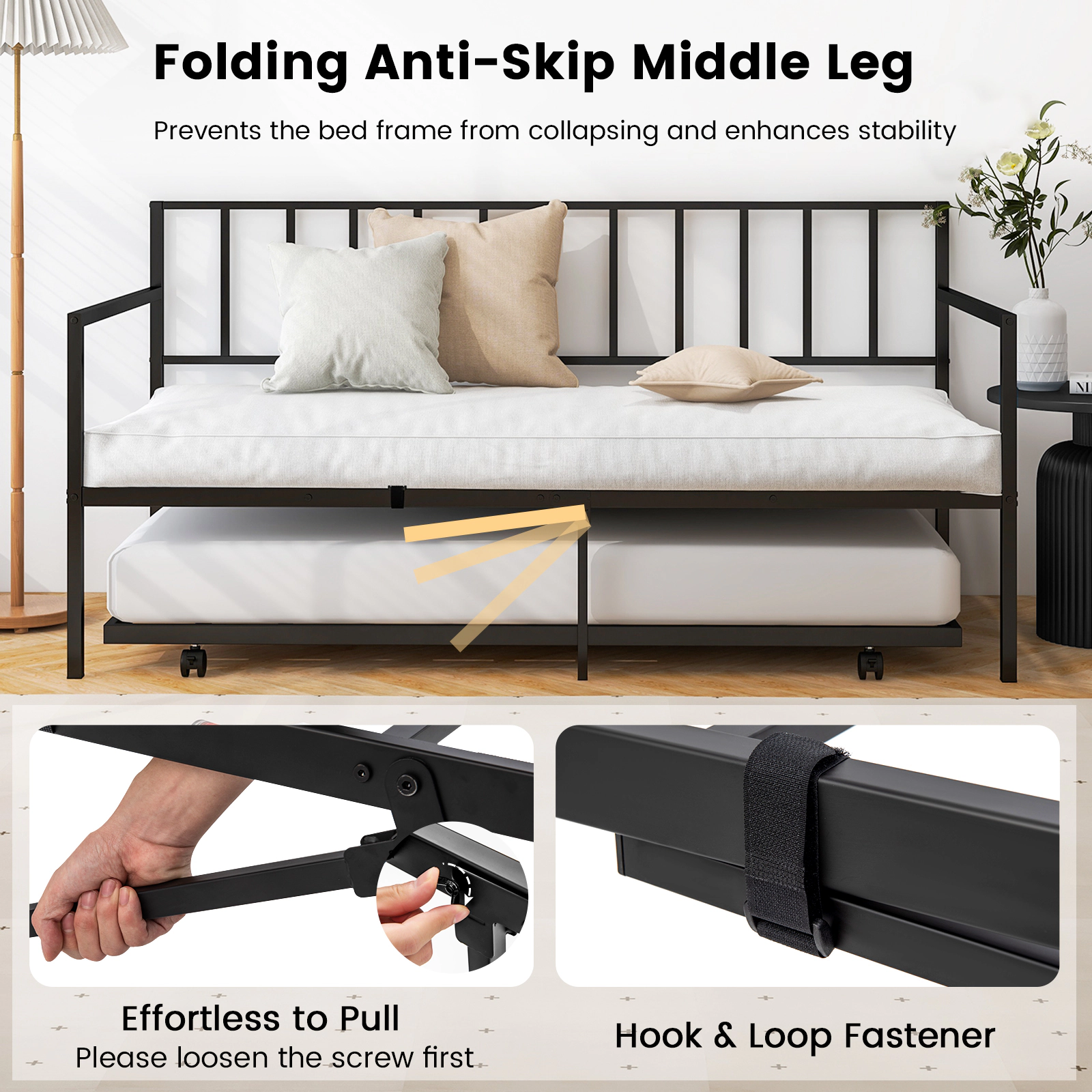 SUGIFT Twin Daybed with Rolling Trundle, Steel Slat Platform, Black