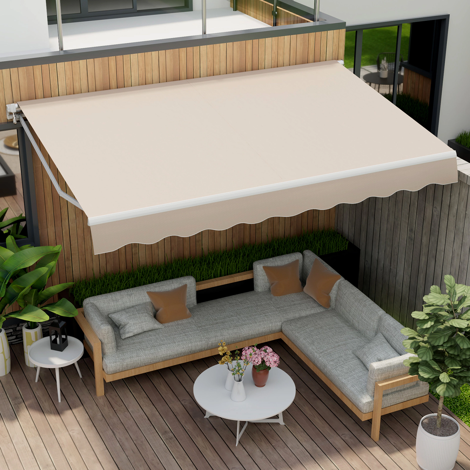 SUGIFT Beige 13-ft x 8-ft Retractable Aluminum Patio Awning Deck Sunshade with Hand Crank and Pitch