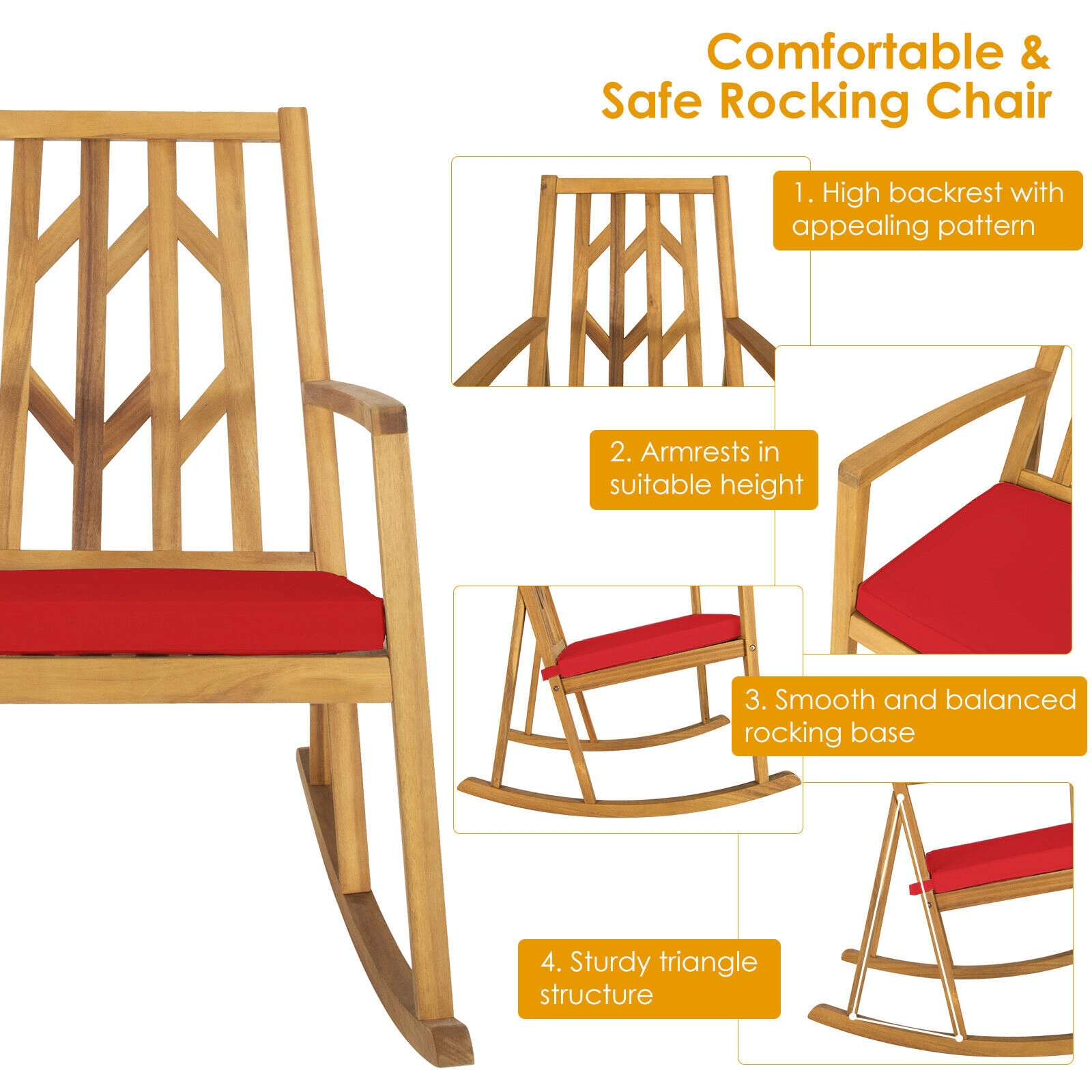 SUGIFT Natural Acacia Wood Outdoor Rocking Chair, 350-lb Capacity, Washable Cushion