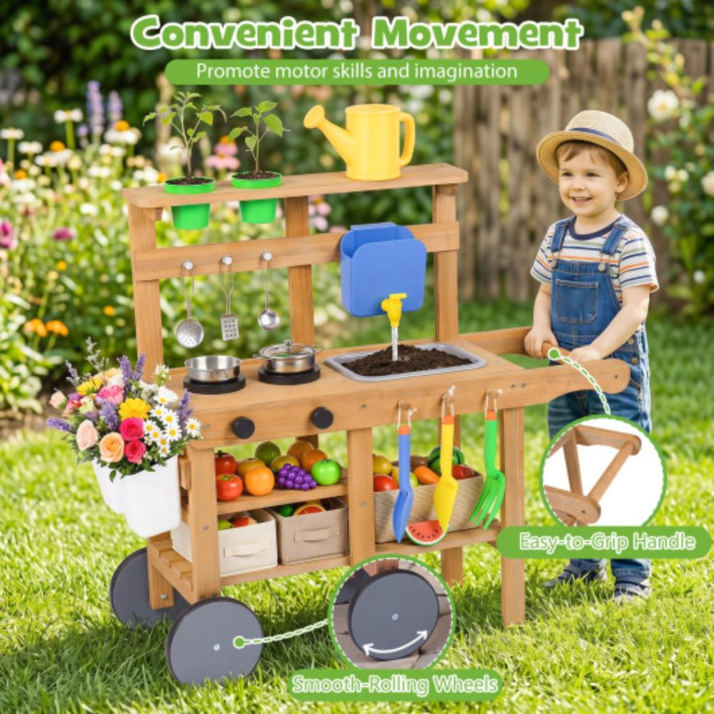 Hivvago Kids Mud Kitchen with Water Tank and Sink and 15 Accessories