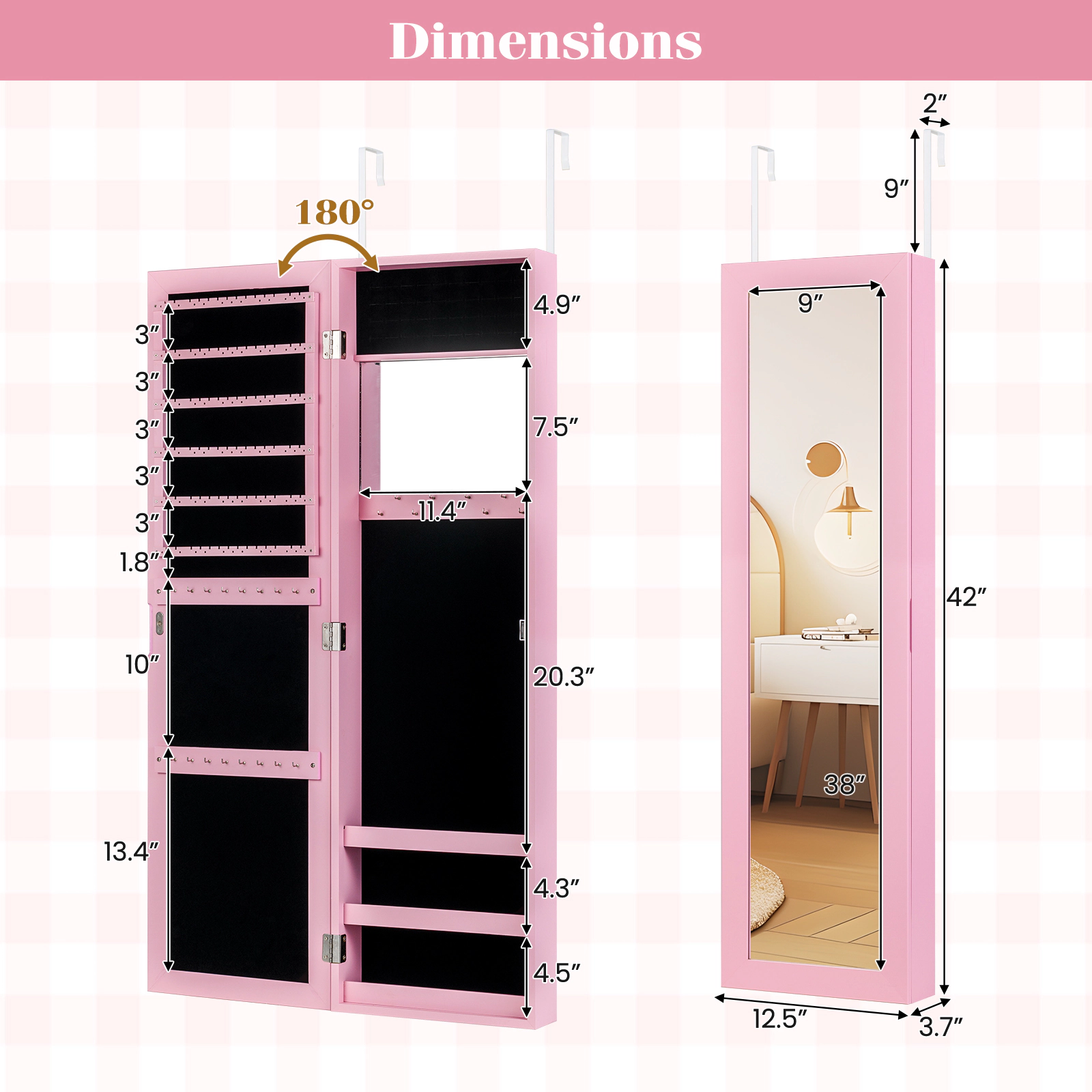 SUGIFT Pink Hanging Jewelry Organizer Cabinet Wall or Door Mounted Armoire with Makeup Mirror and Hooks