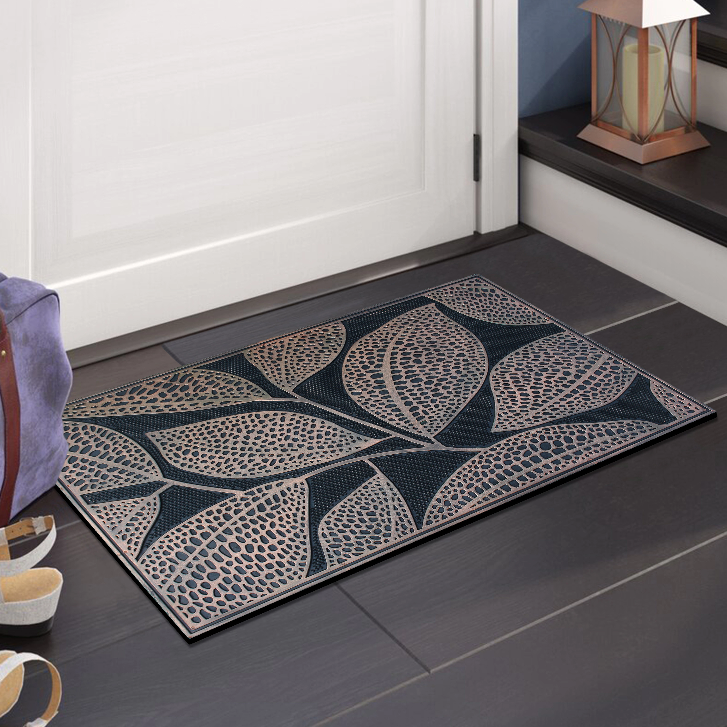 A1 Home Collections Pin Mats Copper Leaves Rubber Welcome Doormat Non-Slip Front Door Mat 18 x 30 In