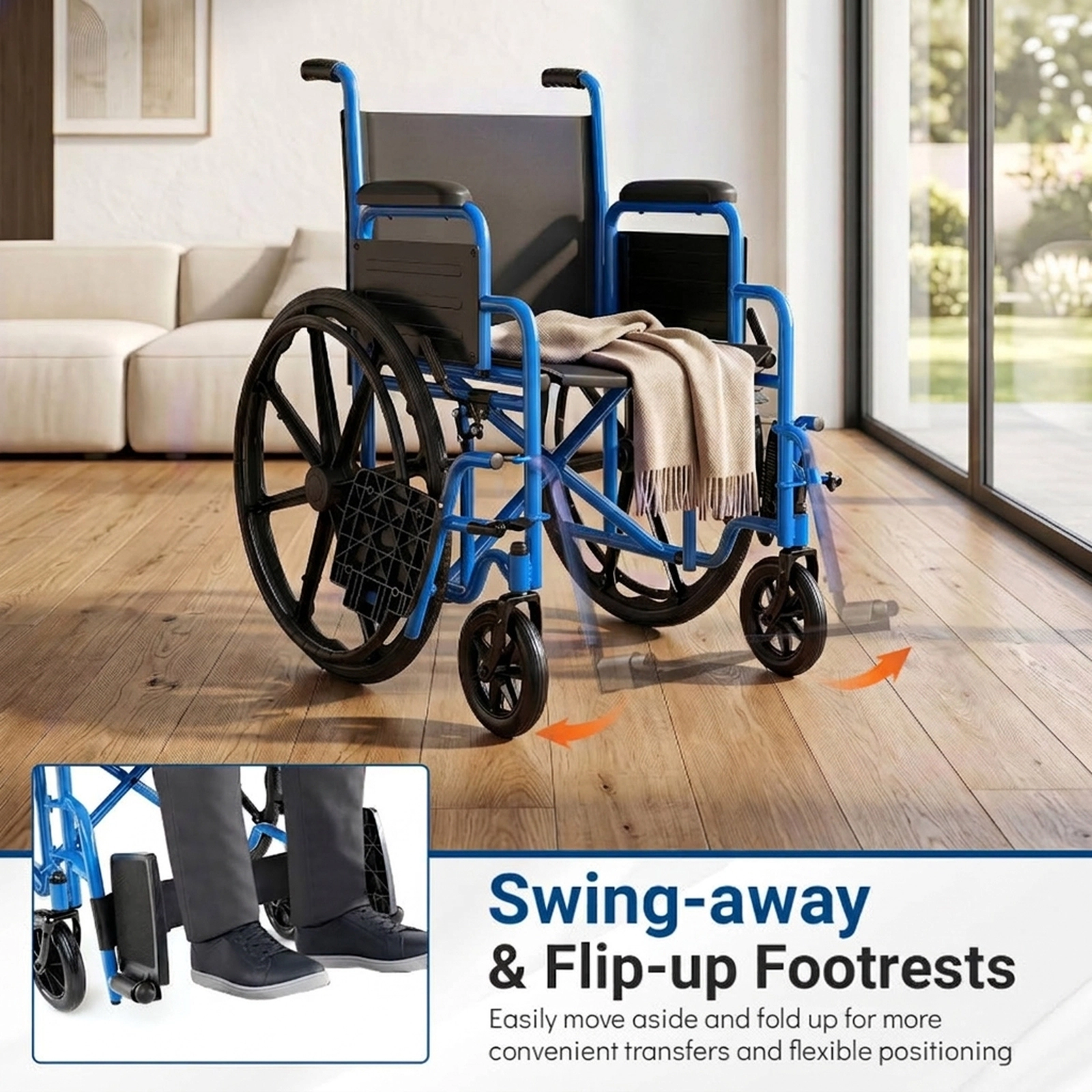SUGIFT Navy Folding Wheelchair with Flip-Up Footrests and Padded Desk Arms 40-in W 26-in D 330-lb Seat Capacity
