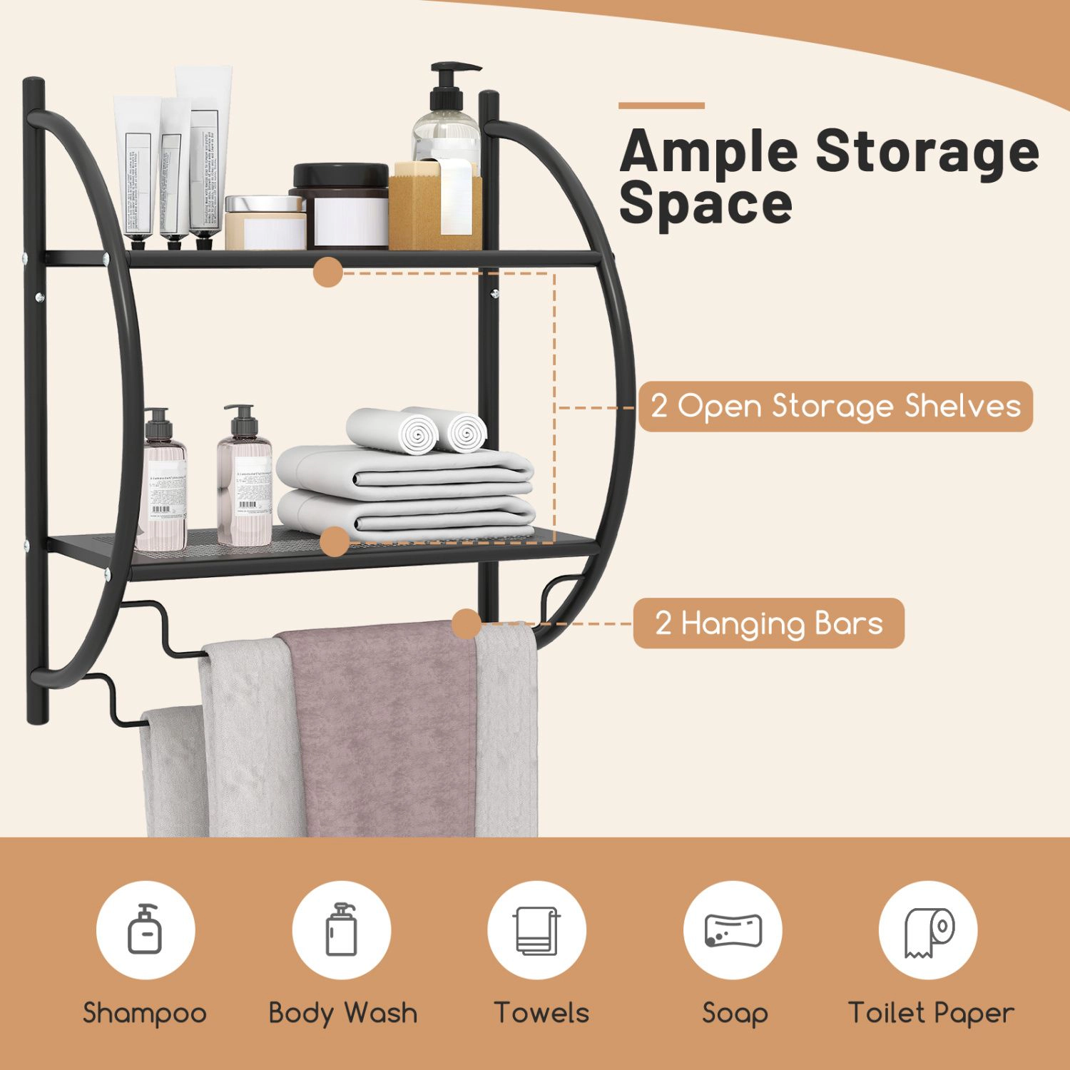 SlickBlue 2-Tier Bathroom Wall Shelf with Towel Bars and Mesh Storage