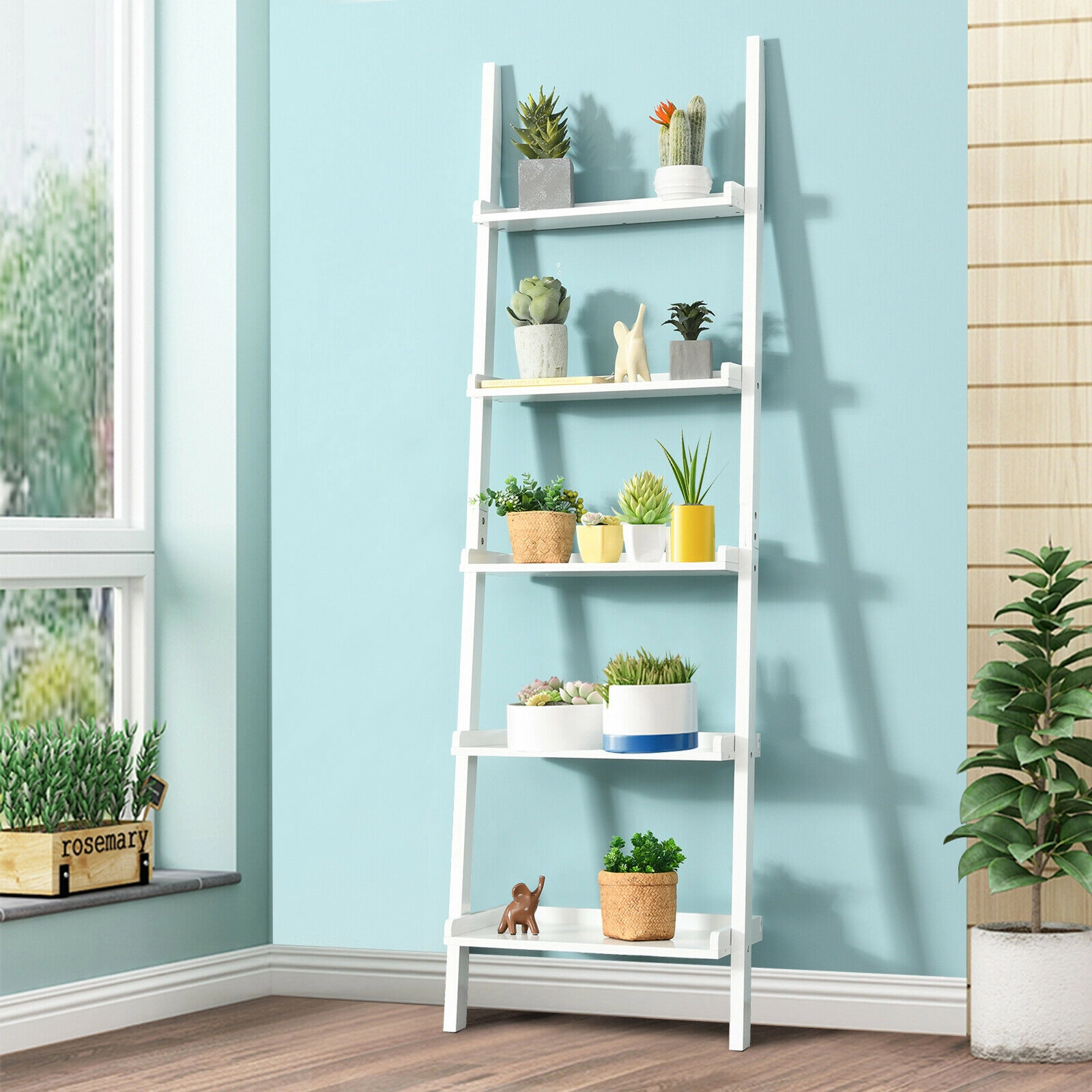 SUGIFT 5-Tier Wall-leaning Ladder Bookcase Shelf Display Rack 74.5-in Tall 11-lb Per Shelf MDF 1-Pc White