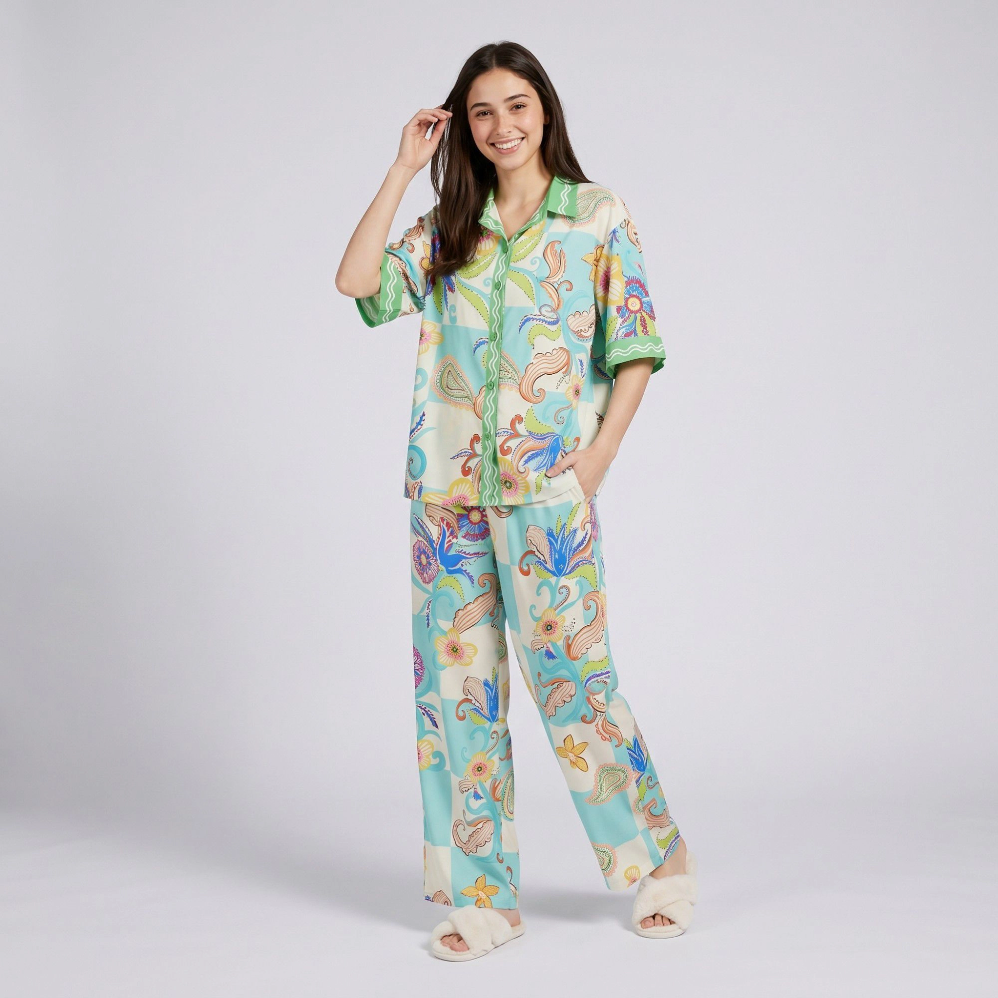 Anna-Kaci Women's 2-Piece Paisley Floral Pajama Set with Short Sleeve Button Top and Wide Leg Pants