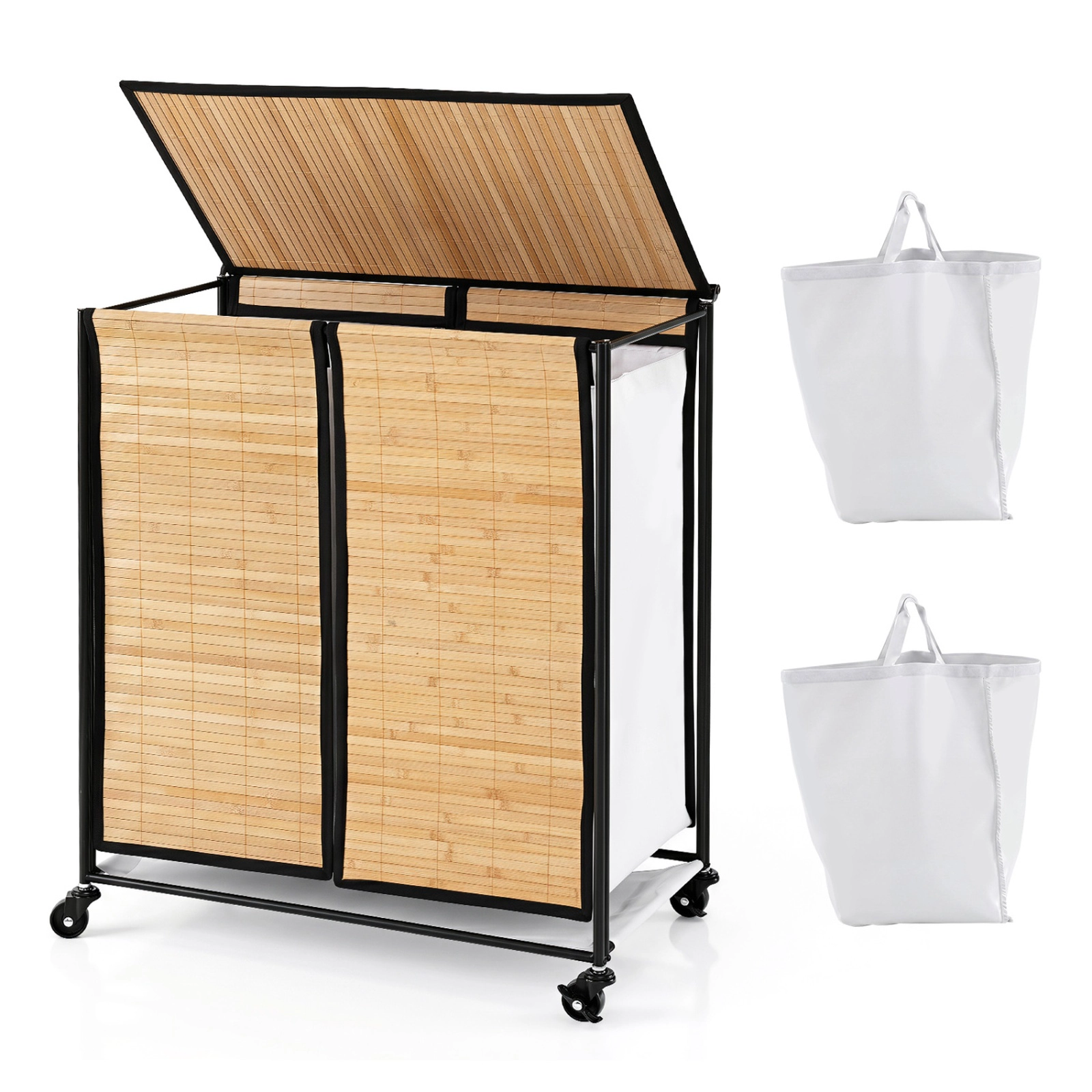 SUGIFT Natural 18.5 Gallon 2-Section Laundry Sorter with Lid and Lockable Wheels 22-in W 13-in D 26-in H