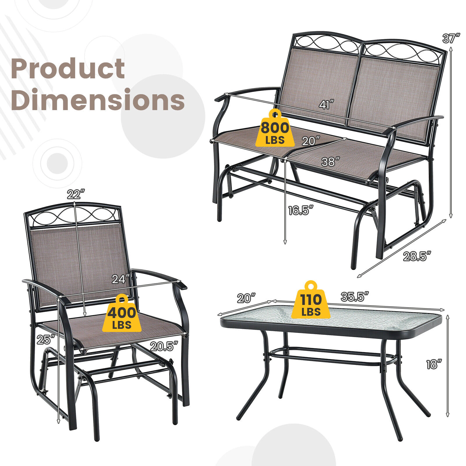 LJG 4 Piece Patio Glider Conversation Set with Tempered Glass Table Top