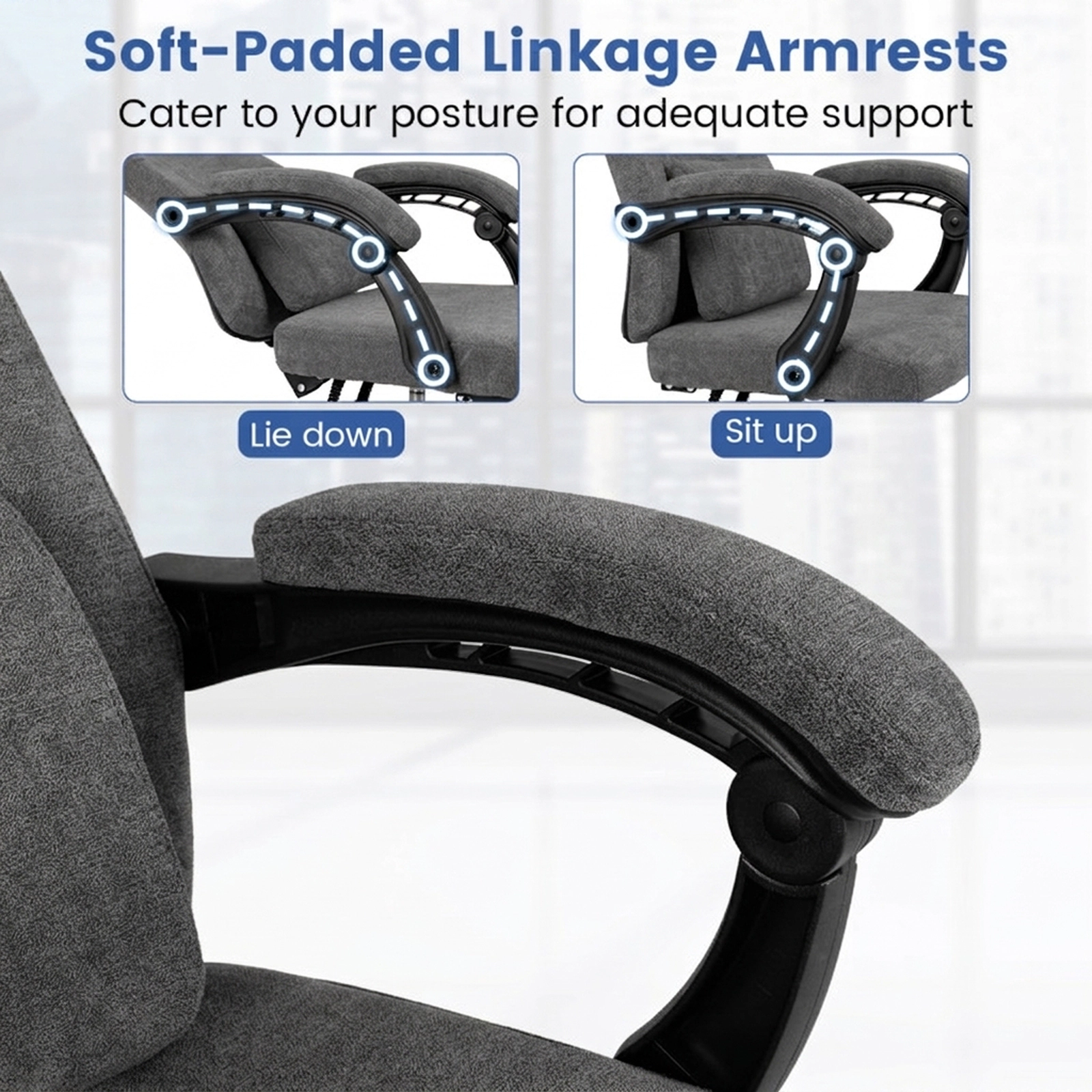 SUGIFT 350-lb Capacity Gray Chenille Reclining Computer Desk Chair with Retractable Footrest and Head Pillow