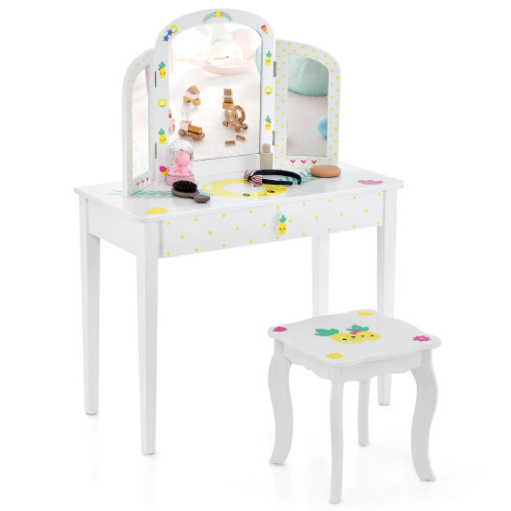 Hivvago Kids Vanity Table Set With Tri-Folding Mirror And Large Drawer-White