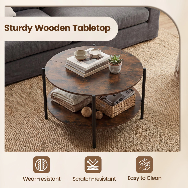 Hivvago Round Coffee Table 2-Tier Industrial Accent Table With Open Storage Shelf