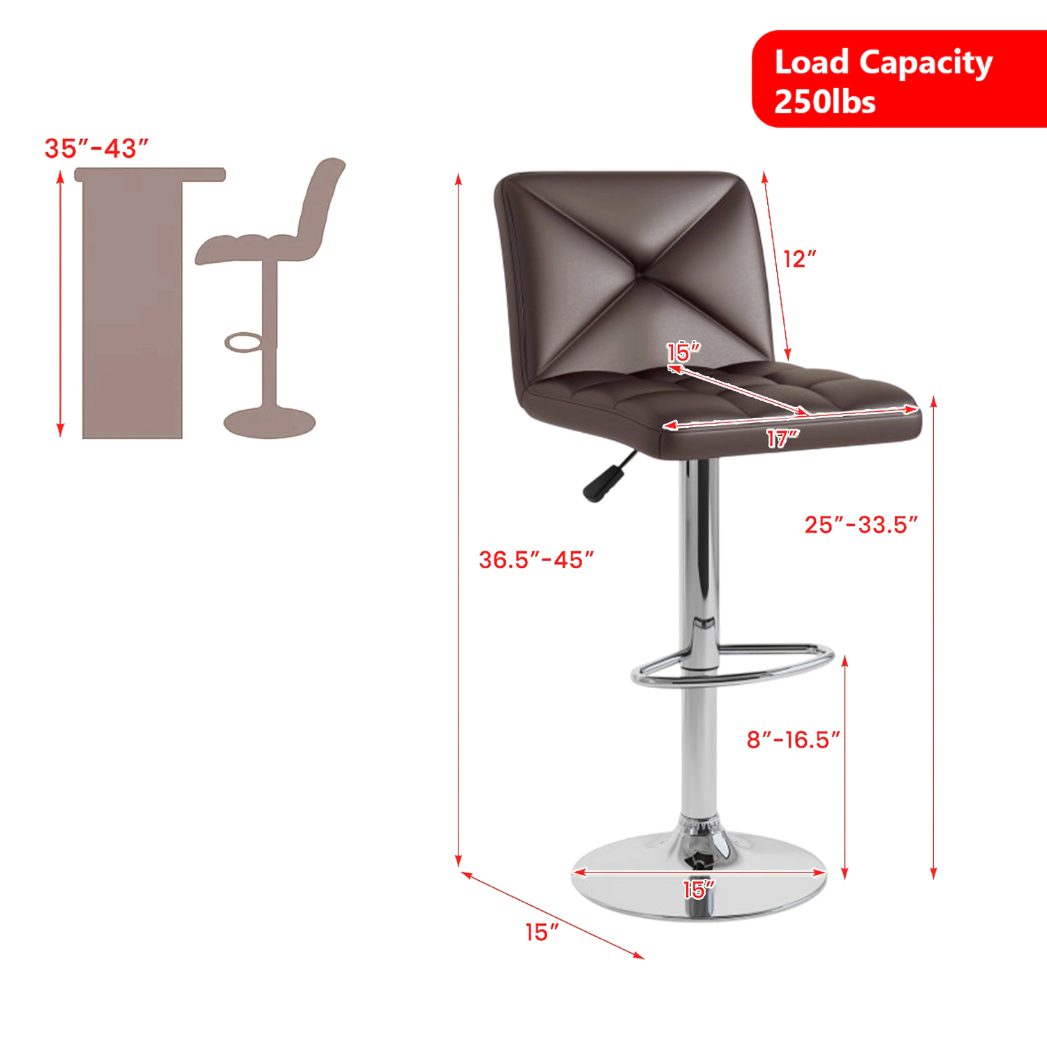 Hivvago Set of 2 Adjustable Height Bar Stools with Backrest and PU Leather Upholstery