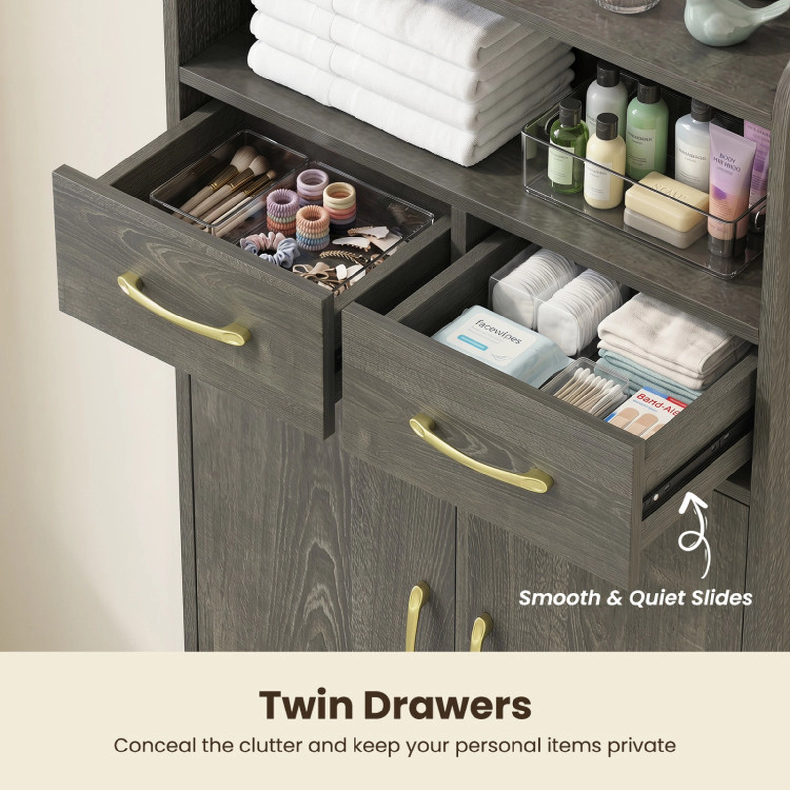 SUGIFT Gray Oak 44-lb Countertop Freestanding Bathroom Storage Cabinet with 2 Drawers 2 Doors and Adjustable Shelf