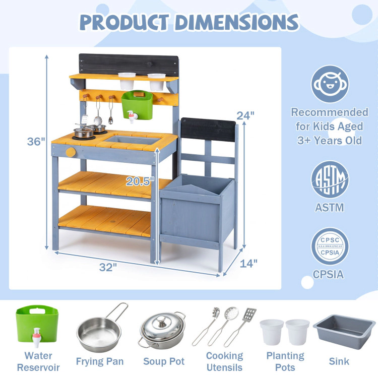 Hivvago Mud Kitchen Set for Kids with Running Water Reservoir and Plant Pots