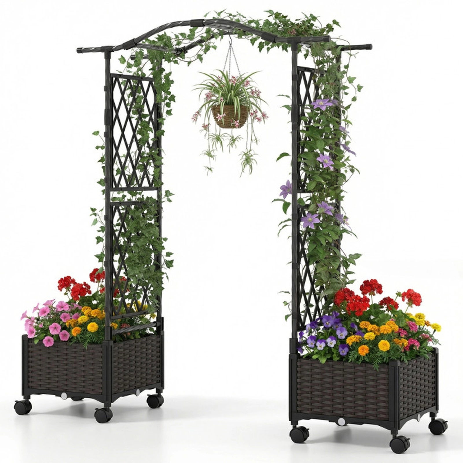 SUGIFT 5-Ft Brown Raised Garden Bed with Lattice Trellis and 2 Self-Watering Planter Boxes 41-in W 16-in D 58-in H