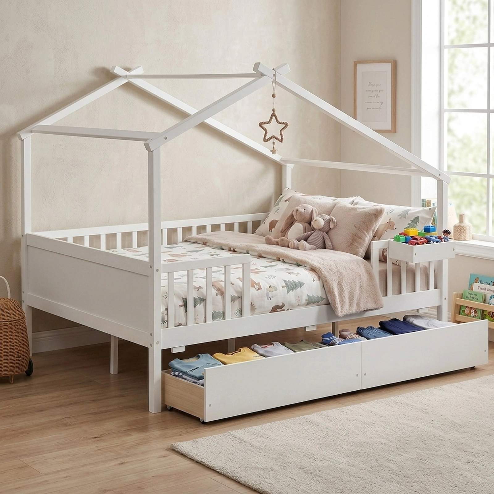 SUGIFT Full-Size White Wood House Bed with Roof, Fence Rails and 2 Storage Drawers