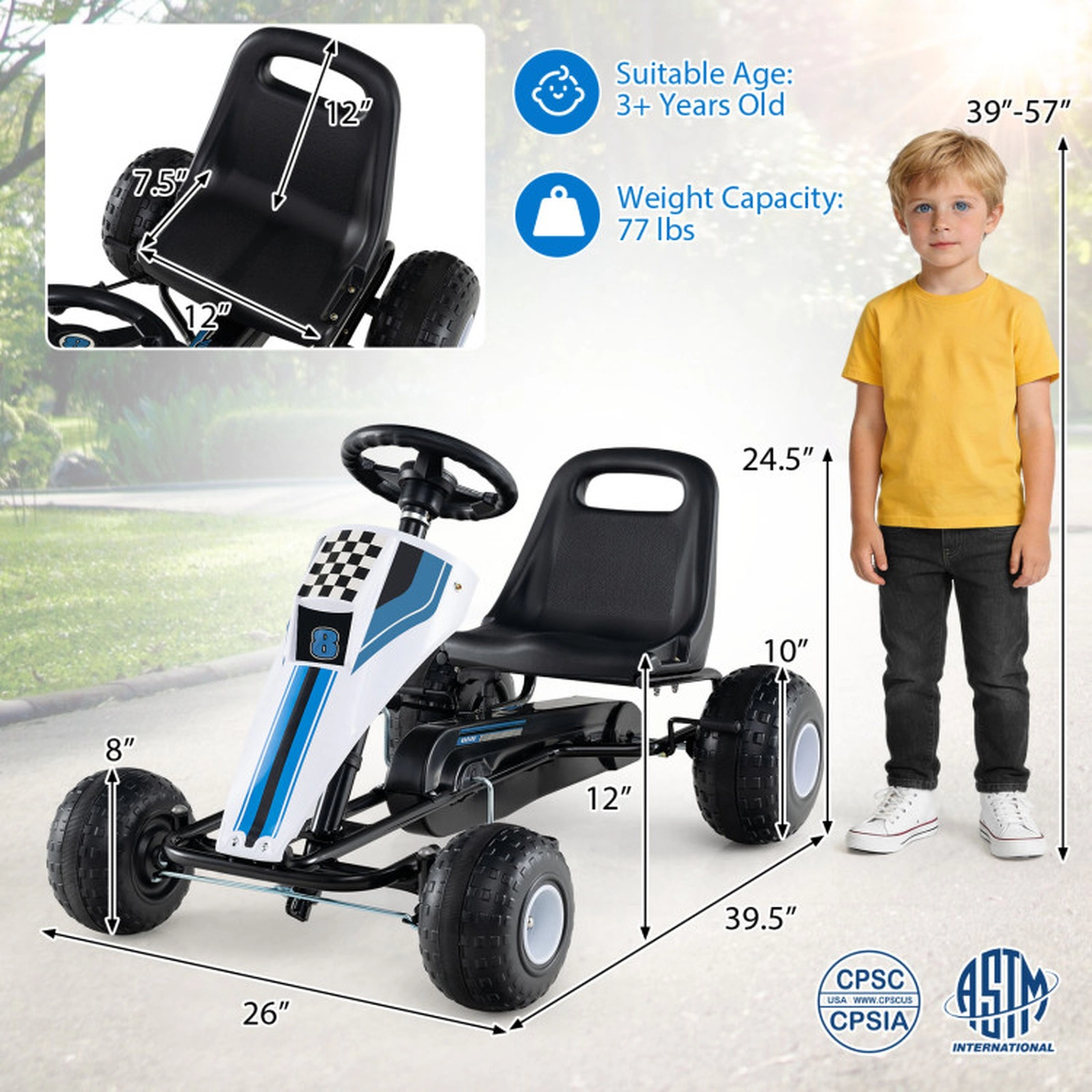 SUGIFT Adjustable Seat 4-Wheel Pedal Go Kart Ride-On Toy with Handbrake 77-lb Capacity Ages 3+ Pink/White